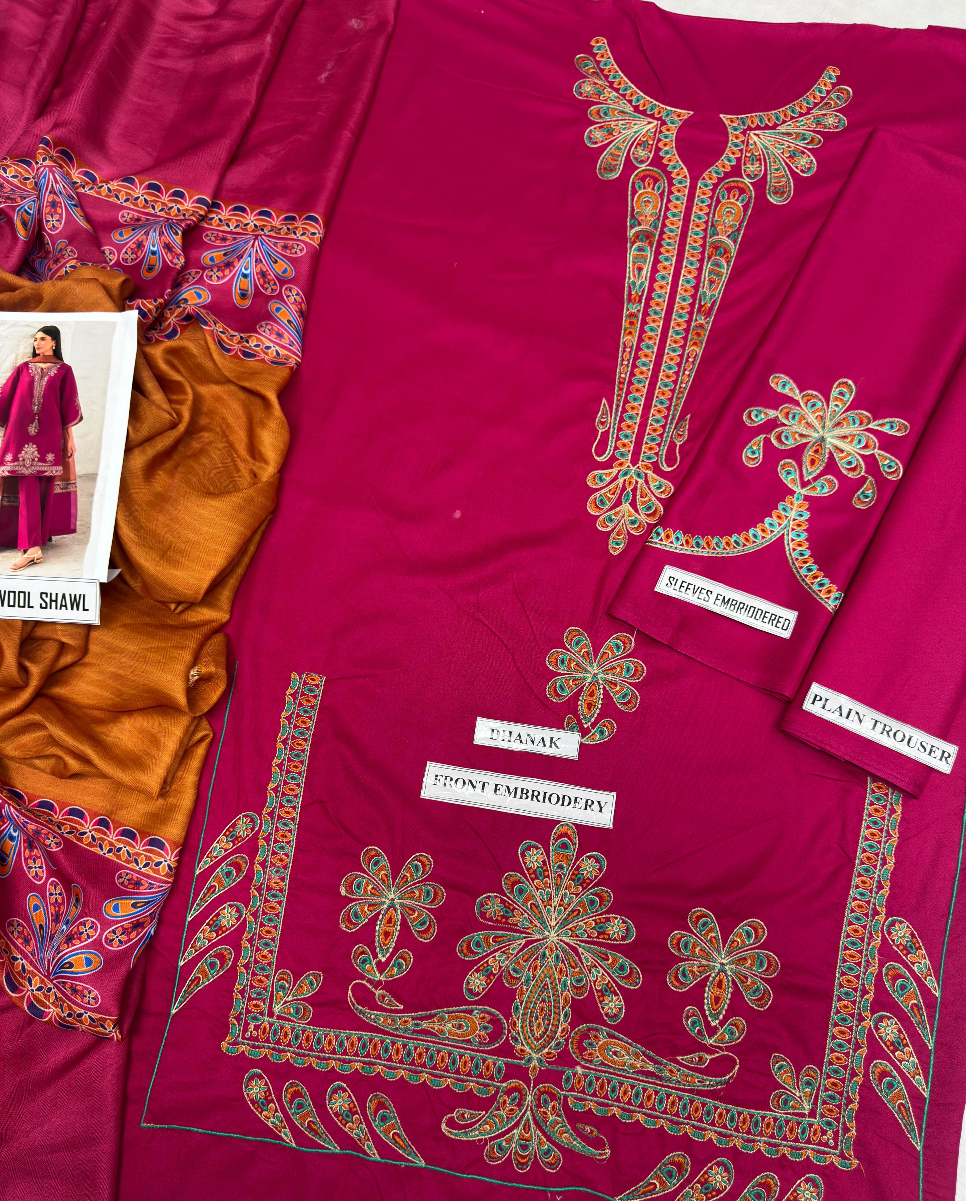 3 Piece - Asim Jofa Dhanak Full Heavy Embroidered Suit with Digital Printed Wool Shawl (Unstitched)
