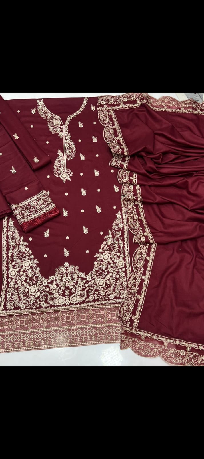 3 Piece - Dhanak Full Heavy Embroidered Suit with Embroidered Dhanak Shawl (Unstitched)