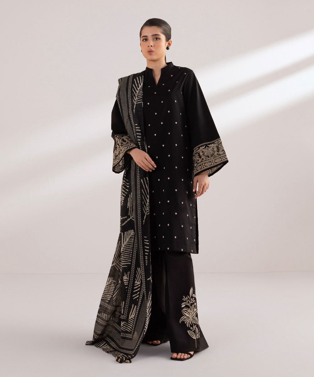 3 Piece - Dhanak Embroidered Suit with Digital Printed Wool Shawl (Unstitched)