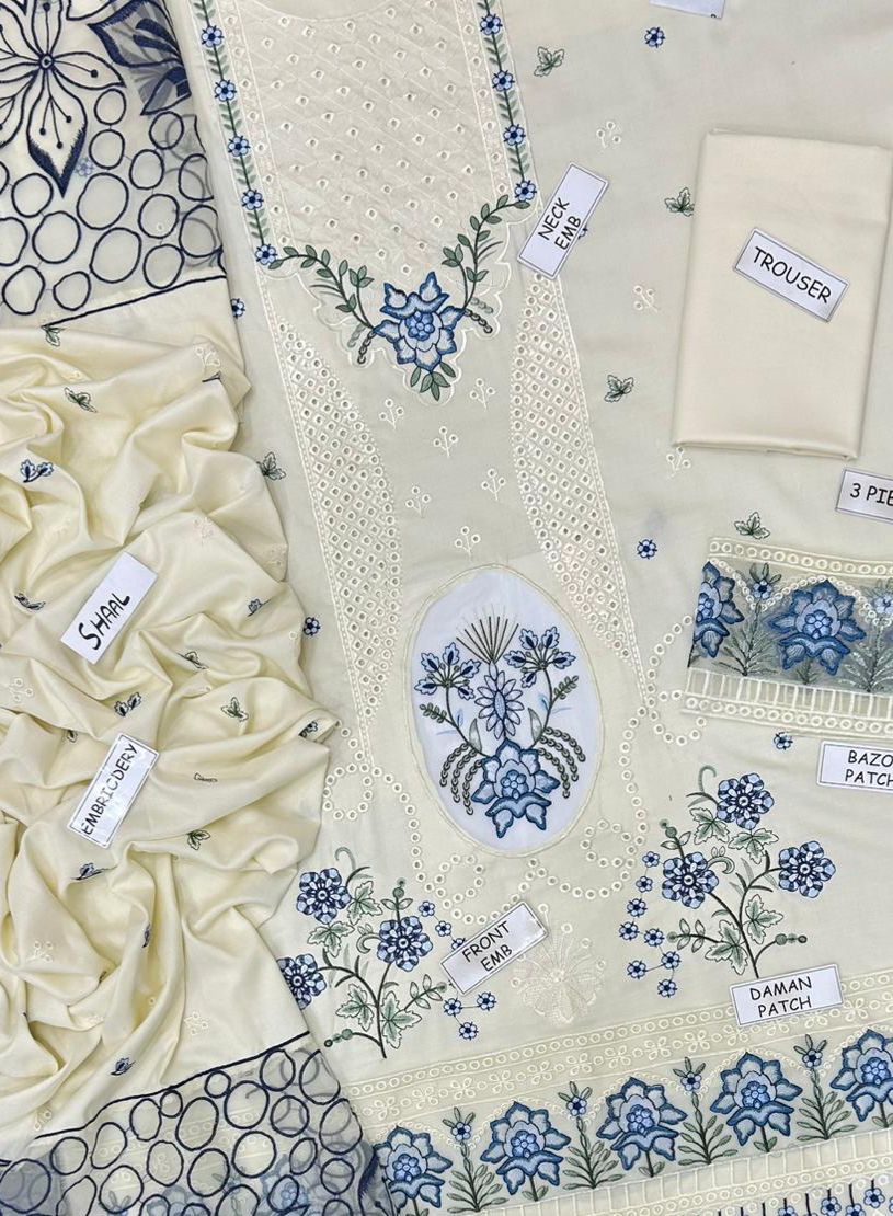 3 Piece - Dhanak Embroidered Suit with Dhanak Embroidered Shawl (Unstitched)