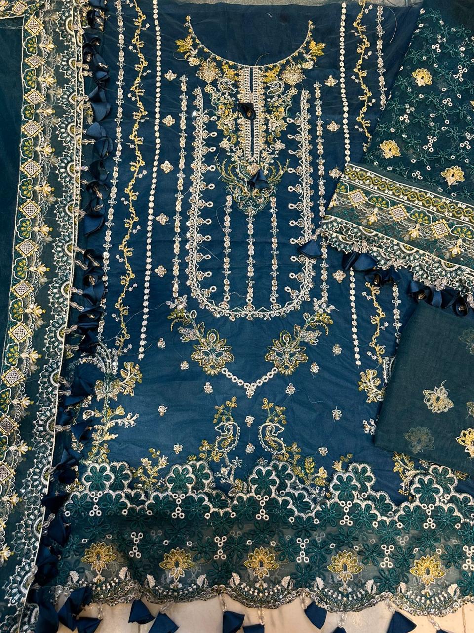 3 Piece - Full Net Heavy Sequins,Tilla and Handwork Suit with Net Dupatta (Unstitched)