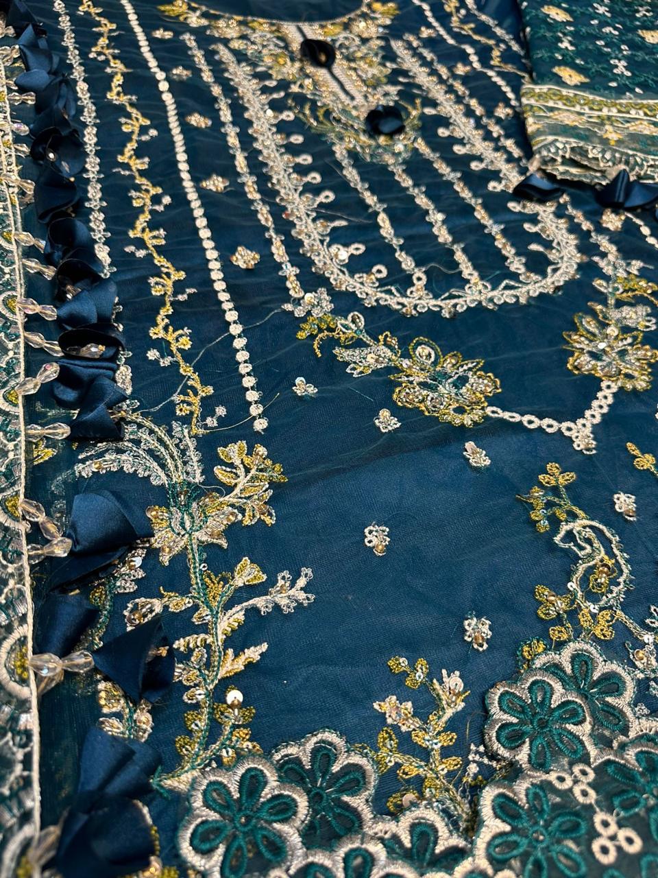 3 Piece - Full Net Heavy Sequins,Tilla and Handwork Suit with Net Dupatta (Unstitched)