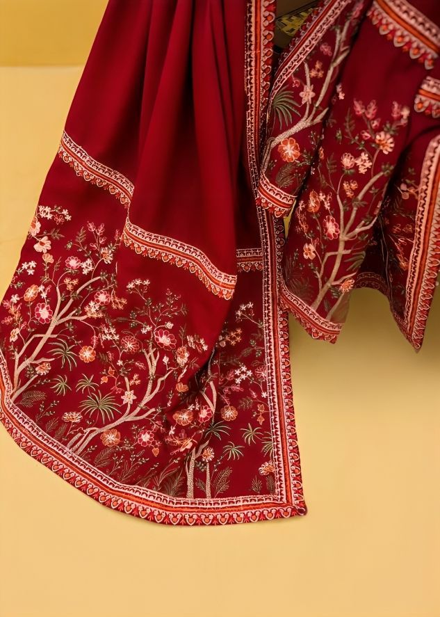 3 Piece - Dhanak Embroidered Suit with Embroidered Dhanak Shawl (Unstitched)