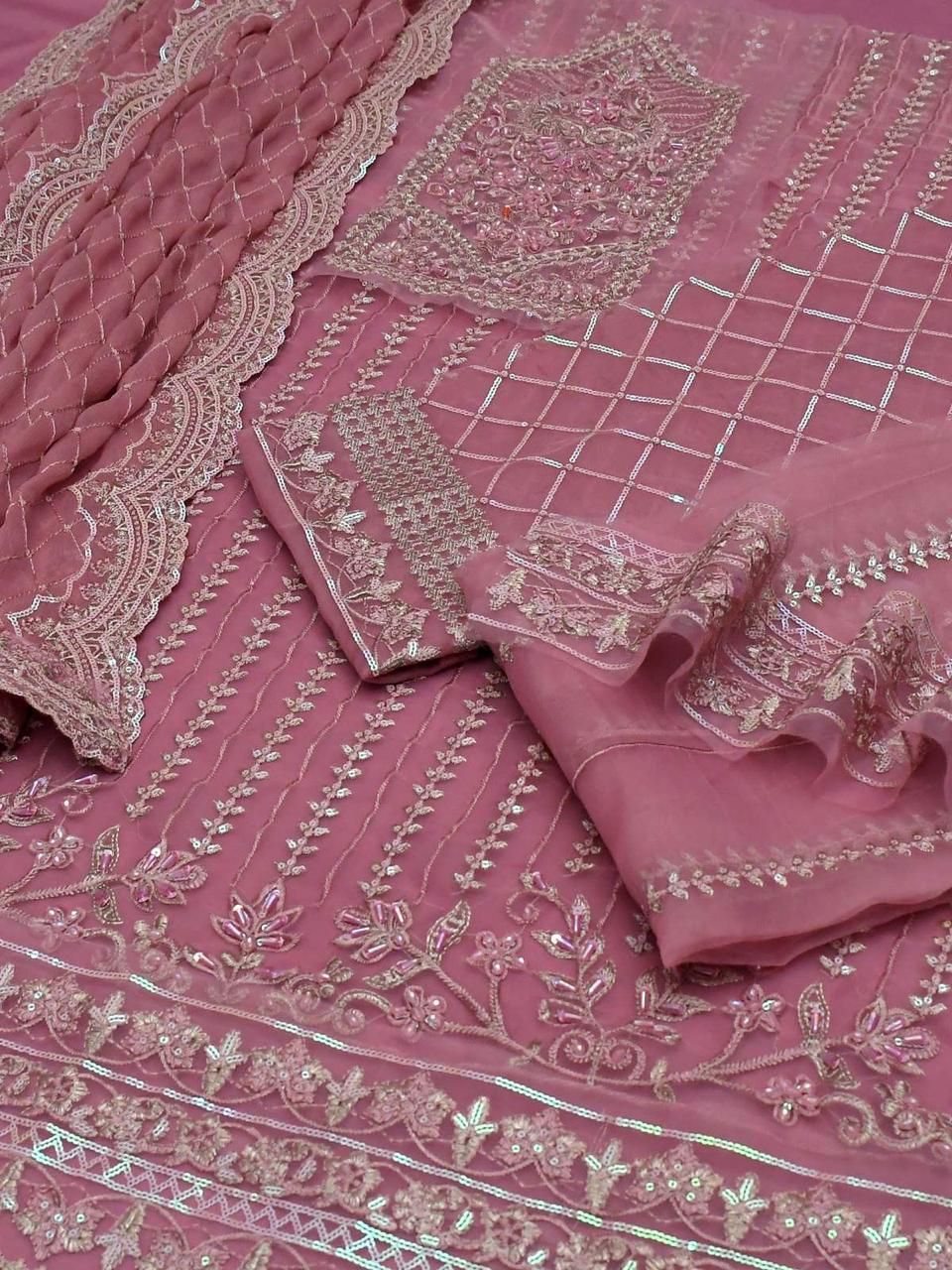 3 Piece - Organza Full Heavy Embroidered Suit with Heavy Embroidered Chiffon Dupatta (Unstitched)