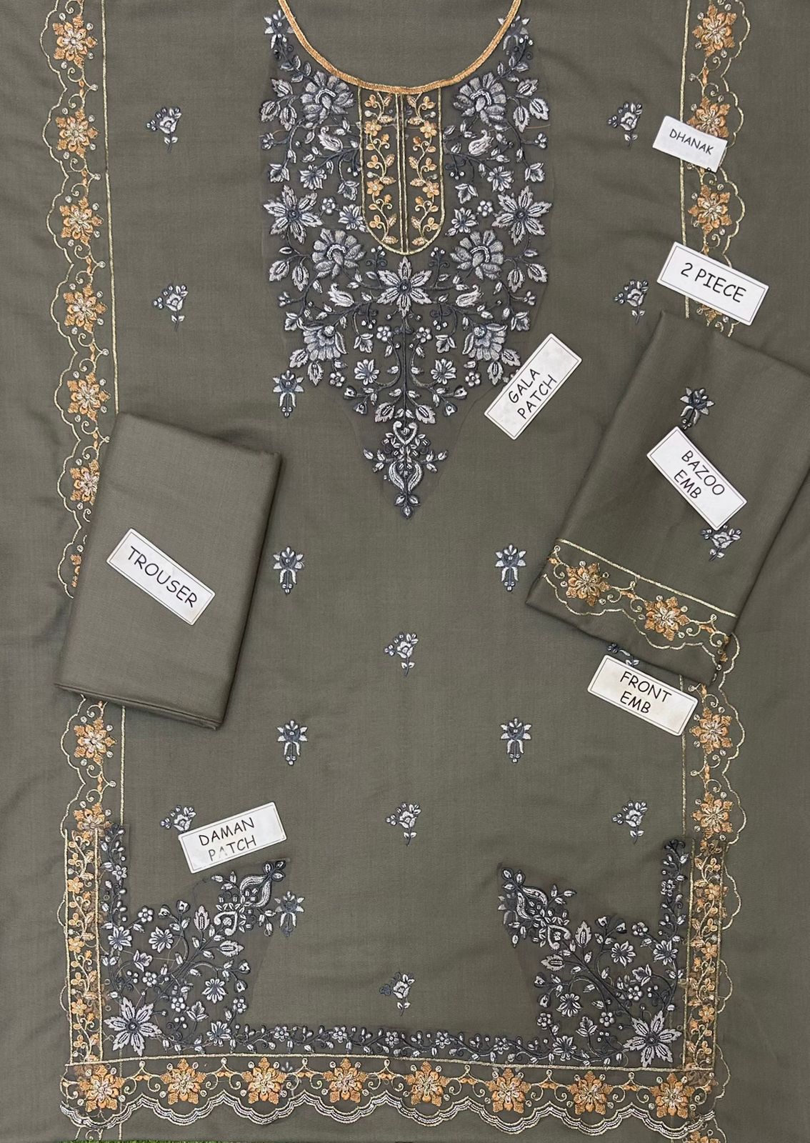 2 Piece - Dhanak Embroidered Suit with Dhanak Embroidered Trouser (Unstitched)