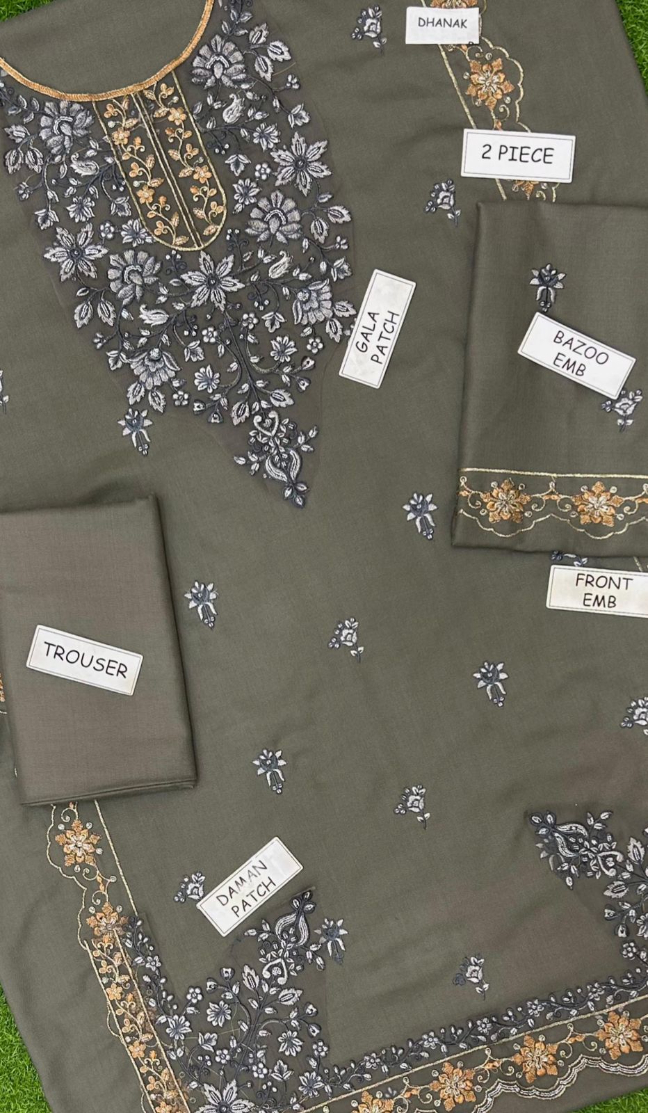 2 Piece - Dhanak Embroidered Suit with Dhanak Embroidered Trouser (Unstitched)