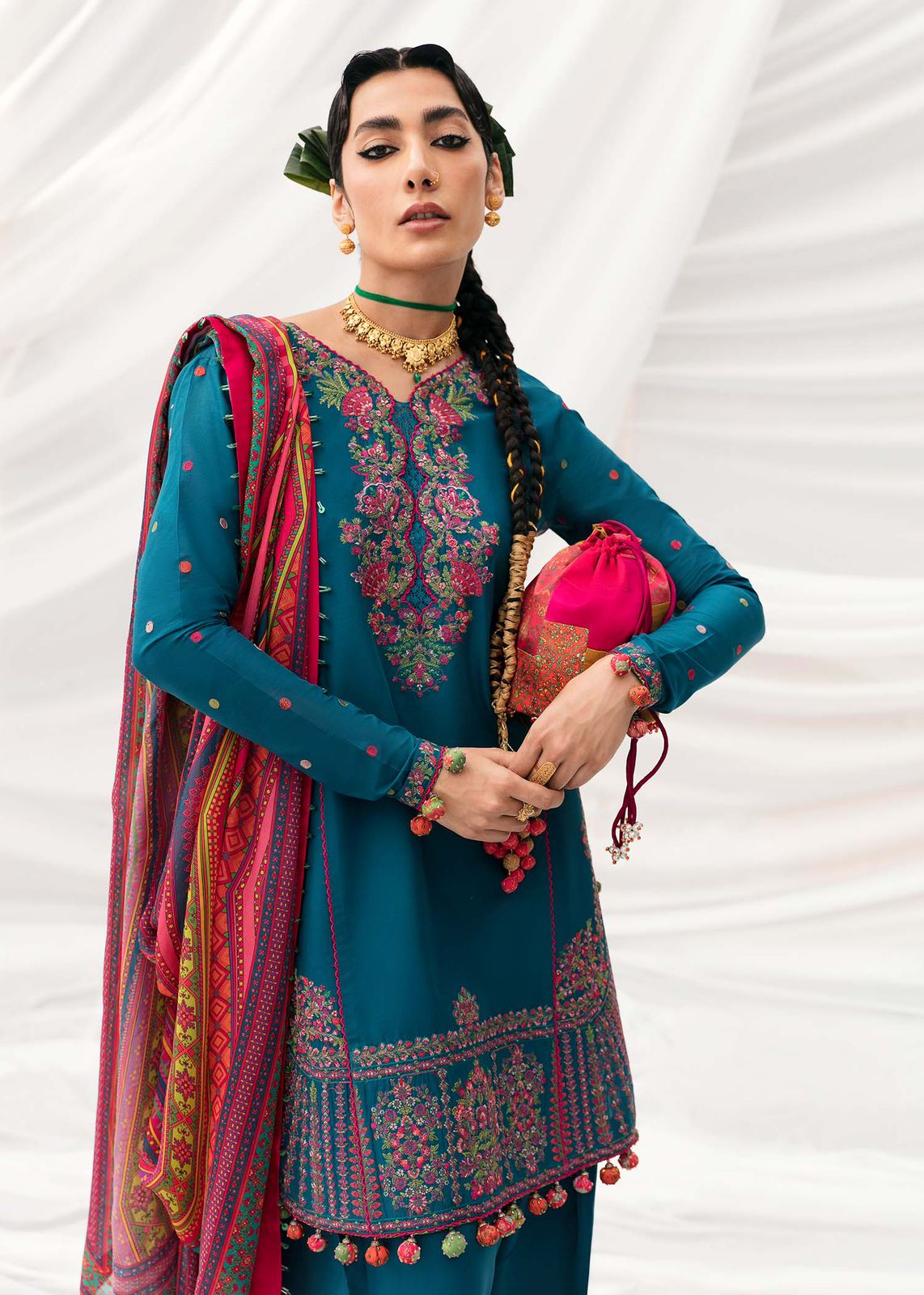 3 Piece - Dhanak Embroidered Suit with Digital Printed Soft Pashmina Wool Shawl (Unstitched)