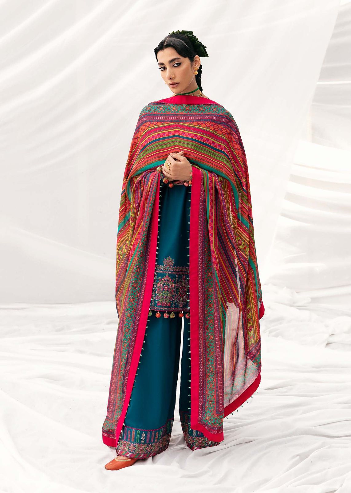 3 Piece - Dhanak Embroidered Suit with Digital Printed Soft Pashmina Wool Shawl (Unstitched)