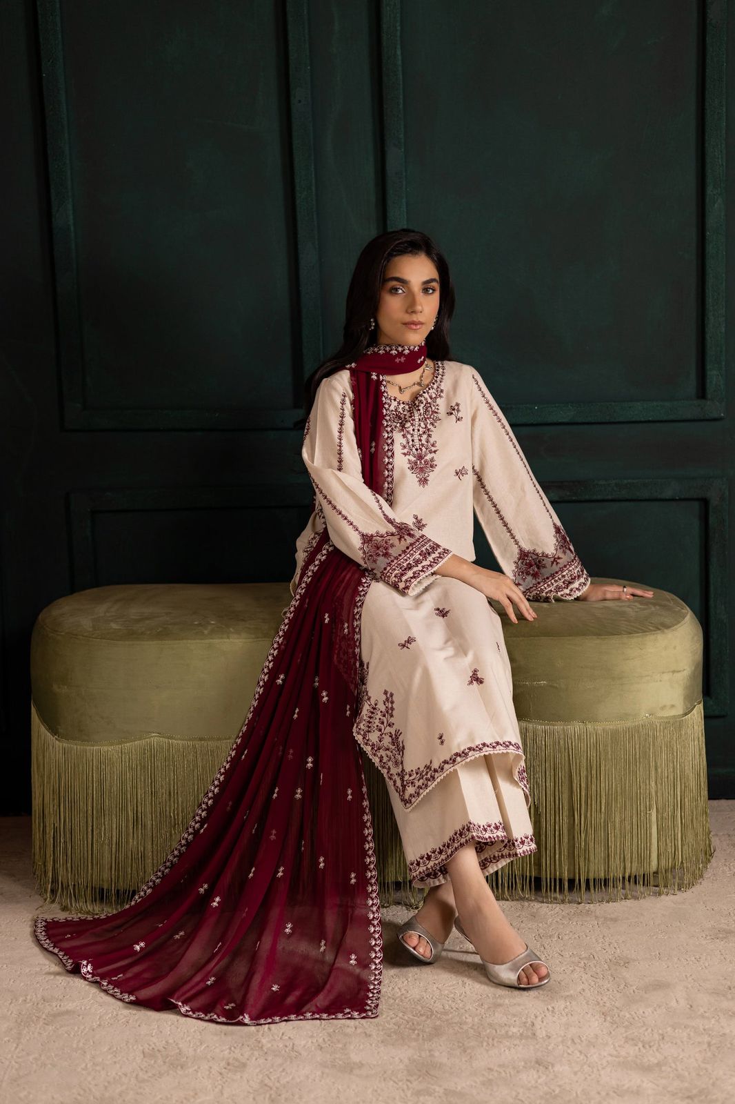 3 Piece - Dhanak Embroidered Suit with Digital Printed Dhanak Shawl (Unstitched)