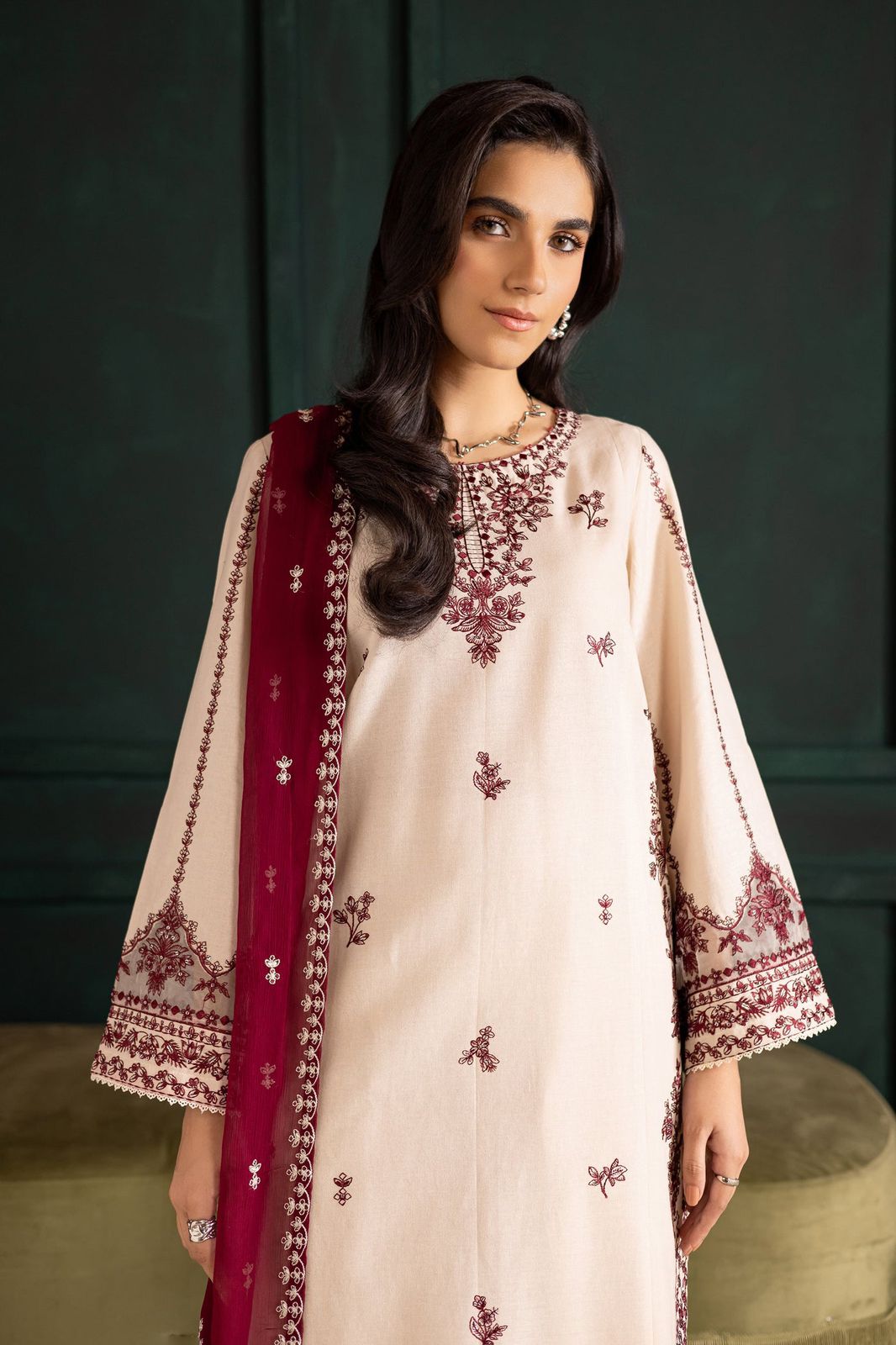 3 Piece - Dhanak Embroidered Suit with Digital Printed Dhanak Shawl (Unstitched)