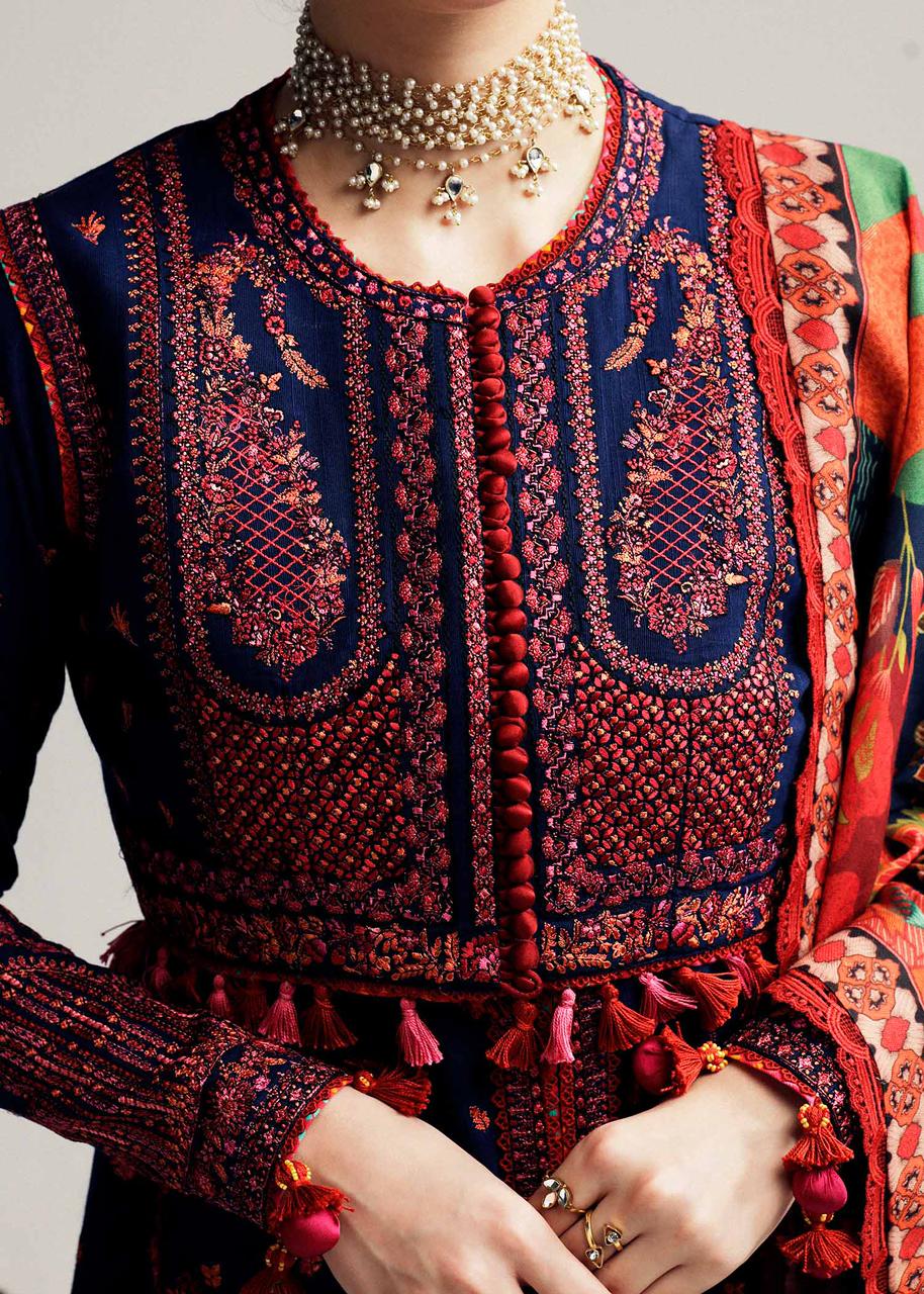 3 Piece - Dhanak Embroidered Suit with Digital Printed Dhanak Shawl (Unstitched)