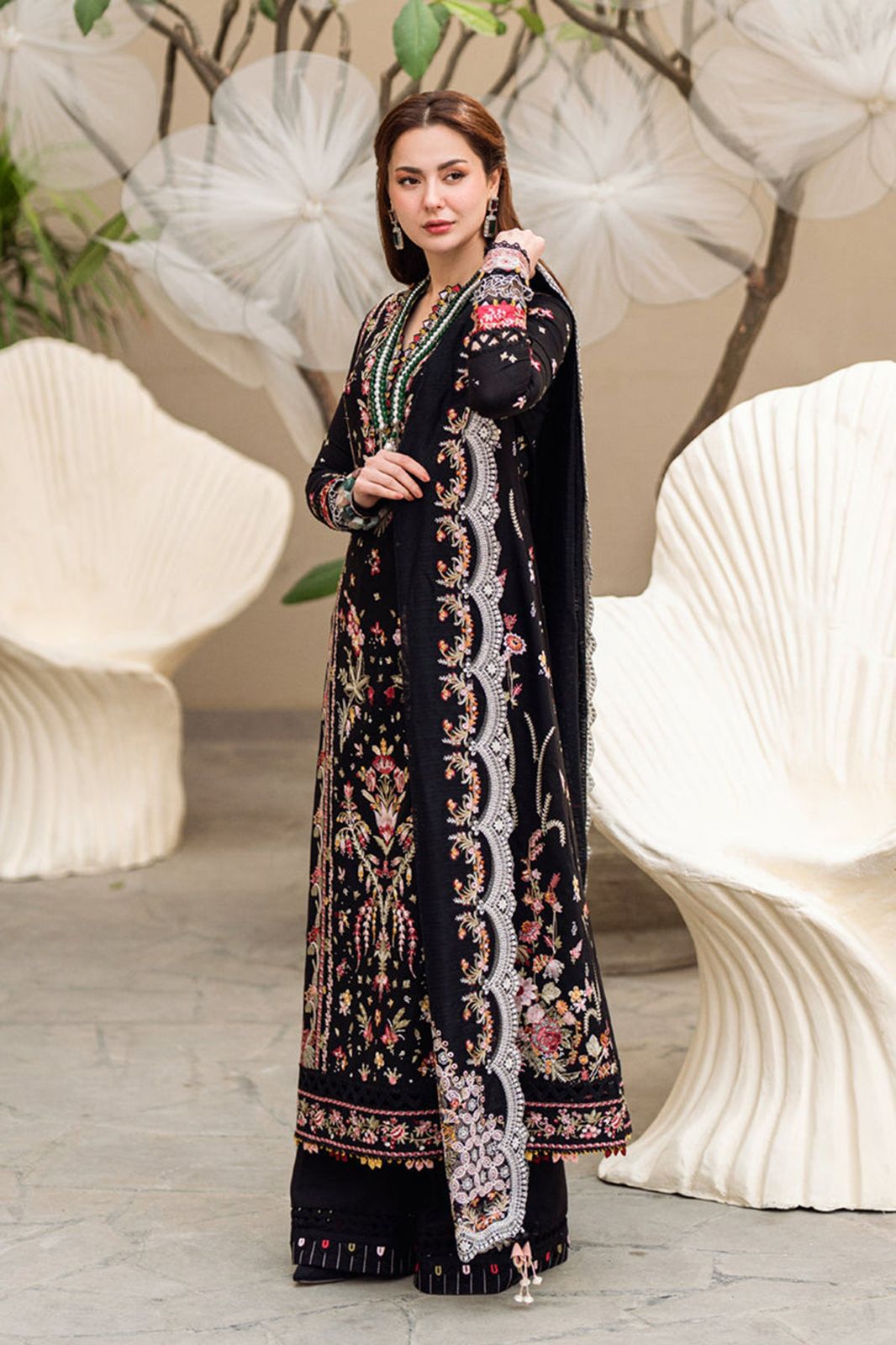 3 Piece - Dhanak Embroidered Suit with Heavy Embroidered Dhanak Shawl (Unstitched)