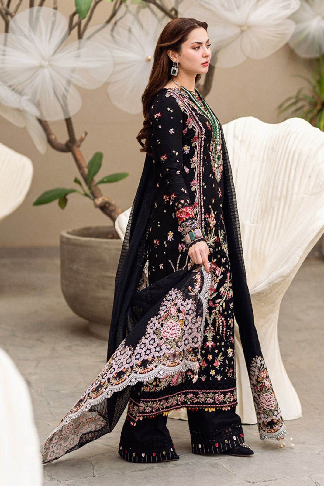 3 Piece - Dhanak Embroidered Suit with Heavy Embroidered Dhanak Shawl (Unstitched)