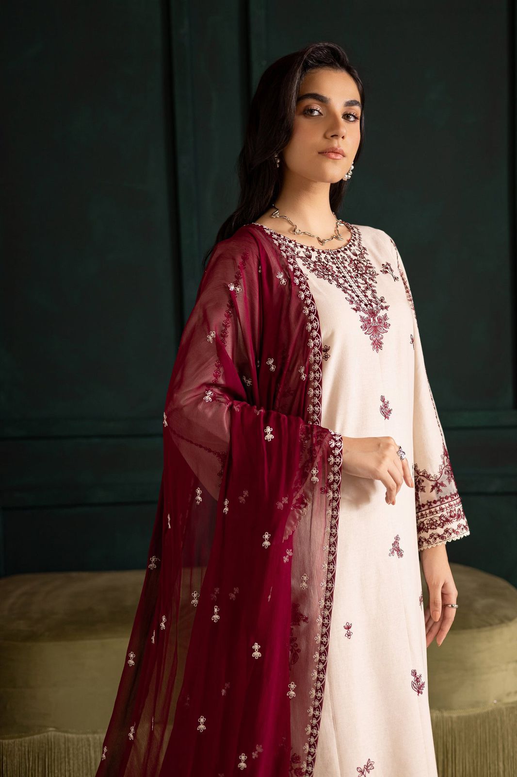 3 Piece - Dhanak Embroidered Suit with Dhanak Embroidered Shawl (Unstitched)
