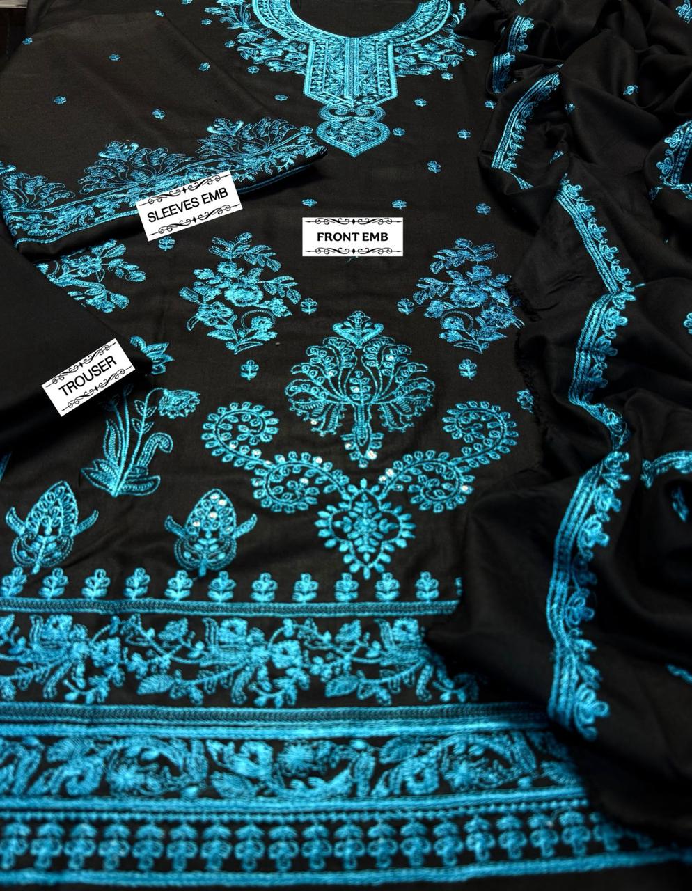 3 Piece - Dhanak Embroidered Suit with Dhanak Embroidered Shawl (Unstitched)