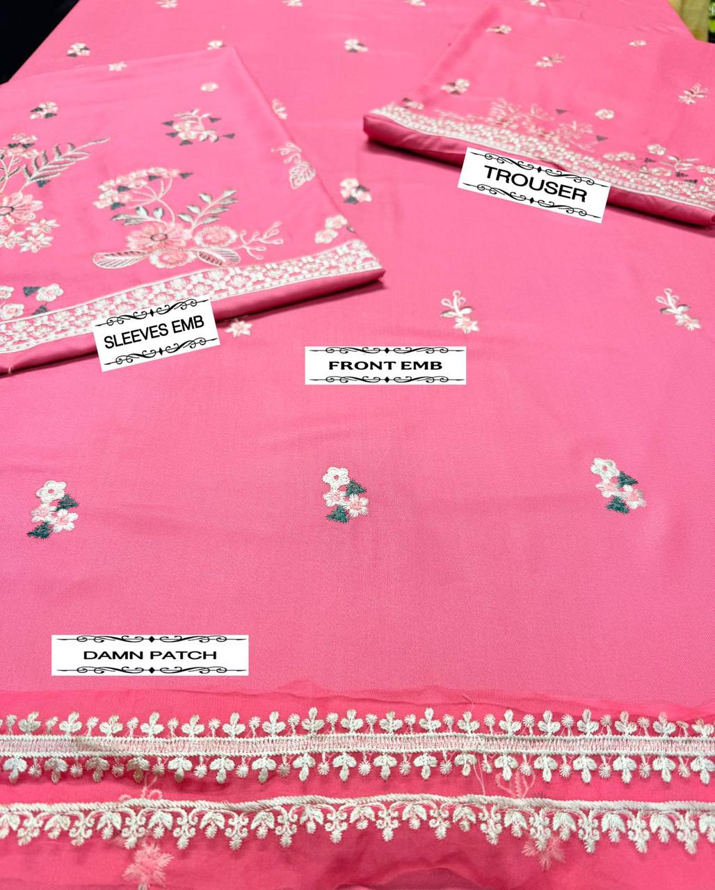 2 Piece - Dhanak Full Embroidered Suit with Heavy Embroidered Sleeves(Unstitched)