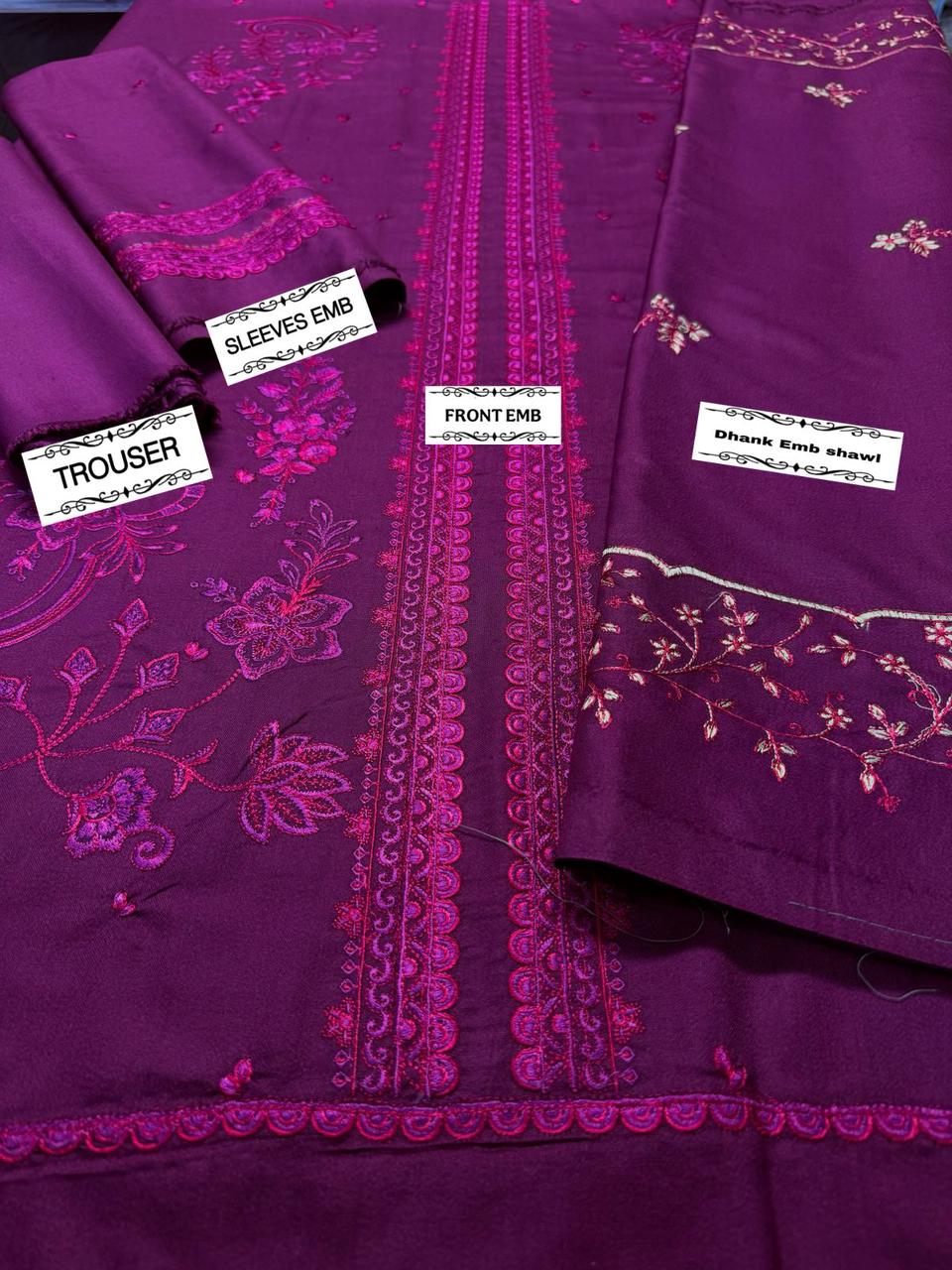 3 Piece - Dhanak Embroidered Suit with Dhanak Embroidered Shawl (Unstitched)