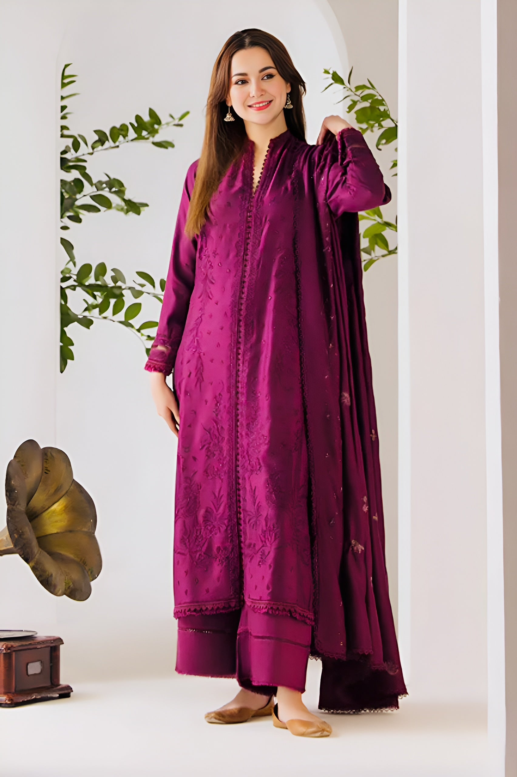3 Piece - Dhanak Embroidered Suit with Dhanak Embroidered Shawl (Unstitched)