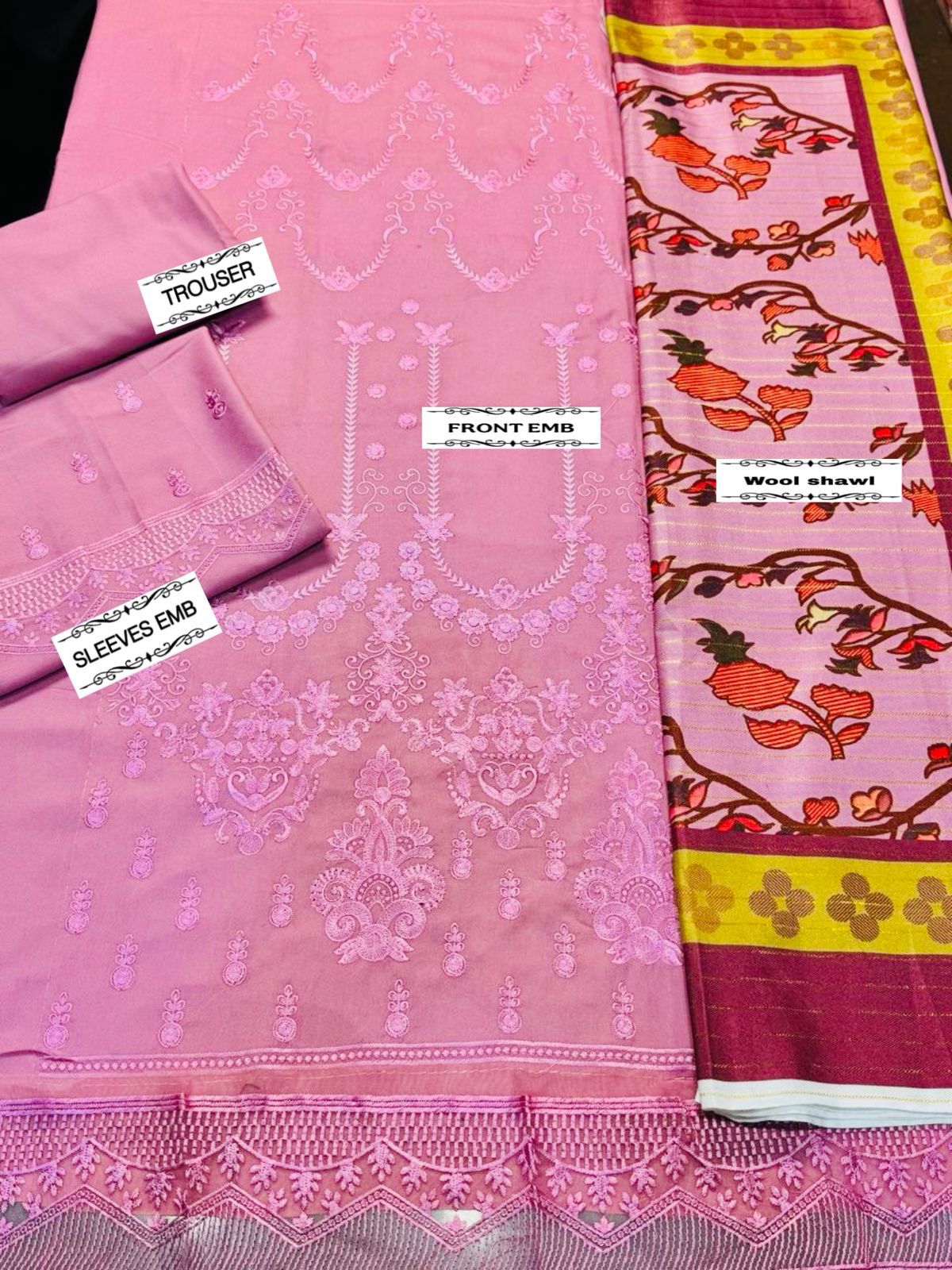 3 Piece - Dhanak Embroidered Suit with Pashmina soft Shawl (Unstitched)