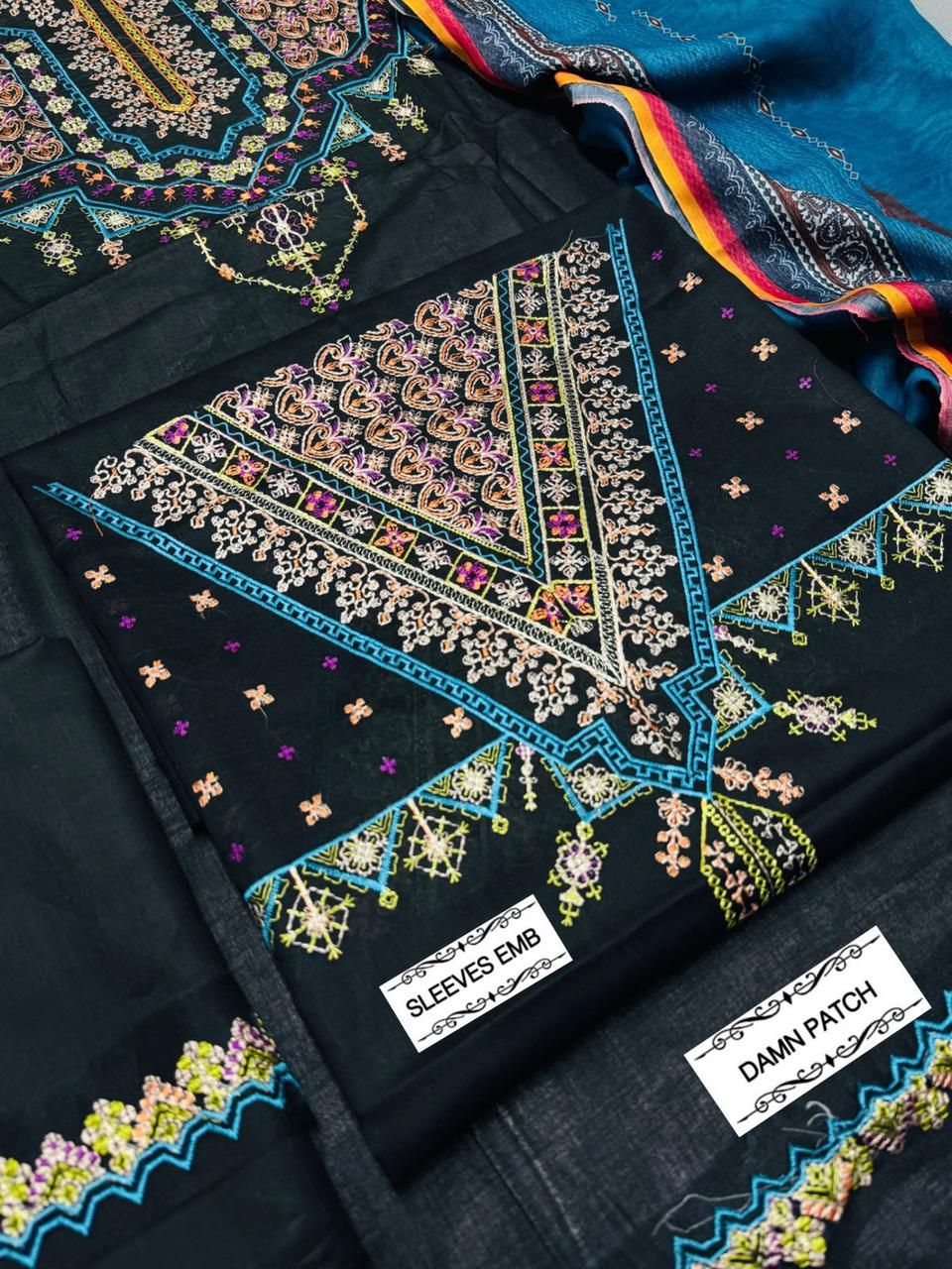 3 Piece - Dhanak Embroidered Suit with Pashmina soft Shawl (Unstitched)