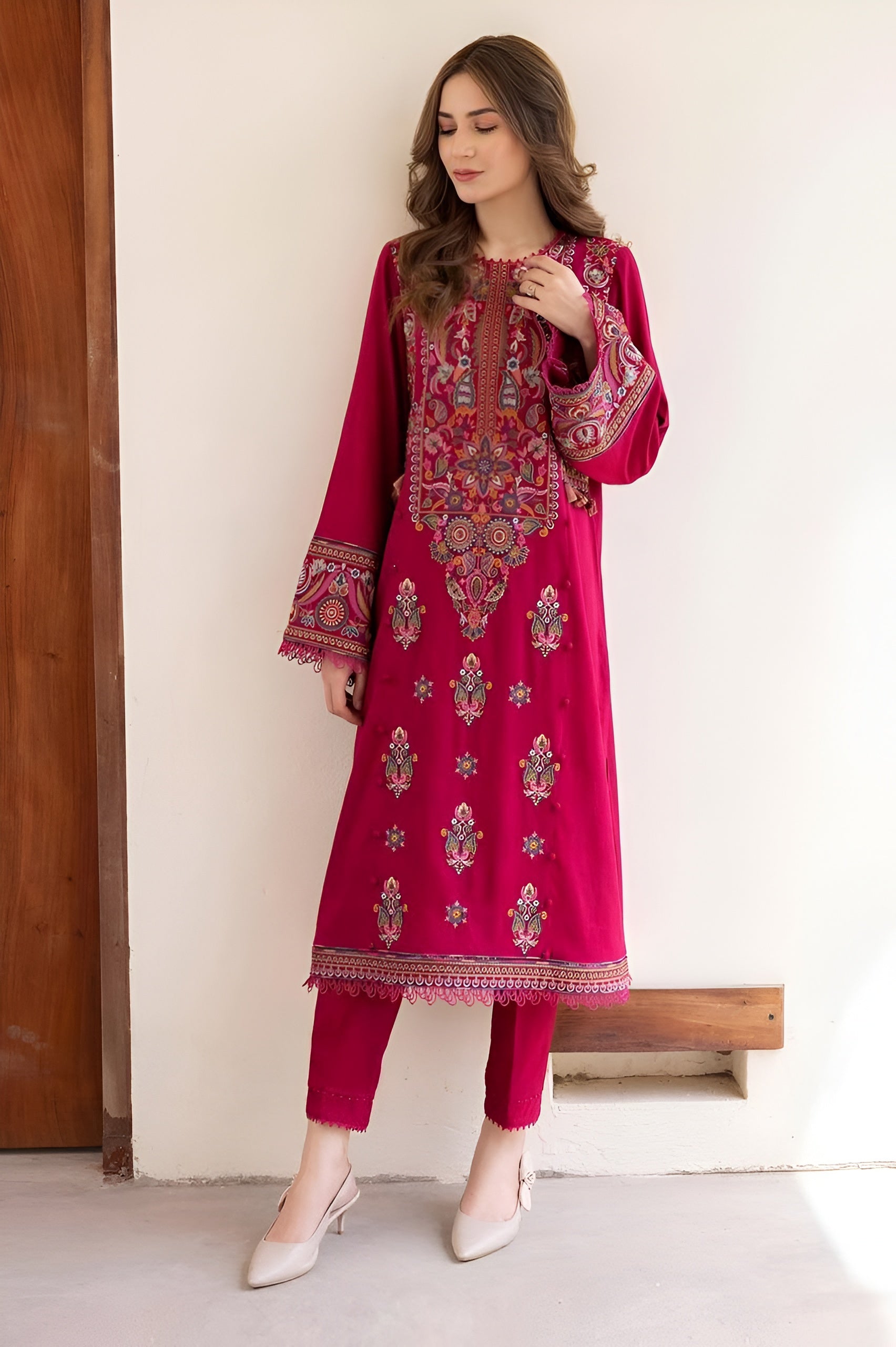 2 Piece - Dhanak Full Embroidered Suit with Heavy Embroidered Sleeves(Unstitched)