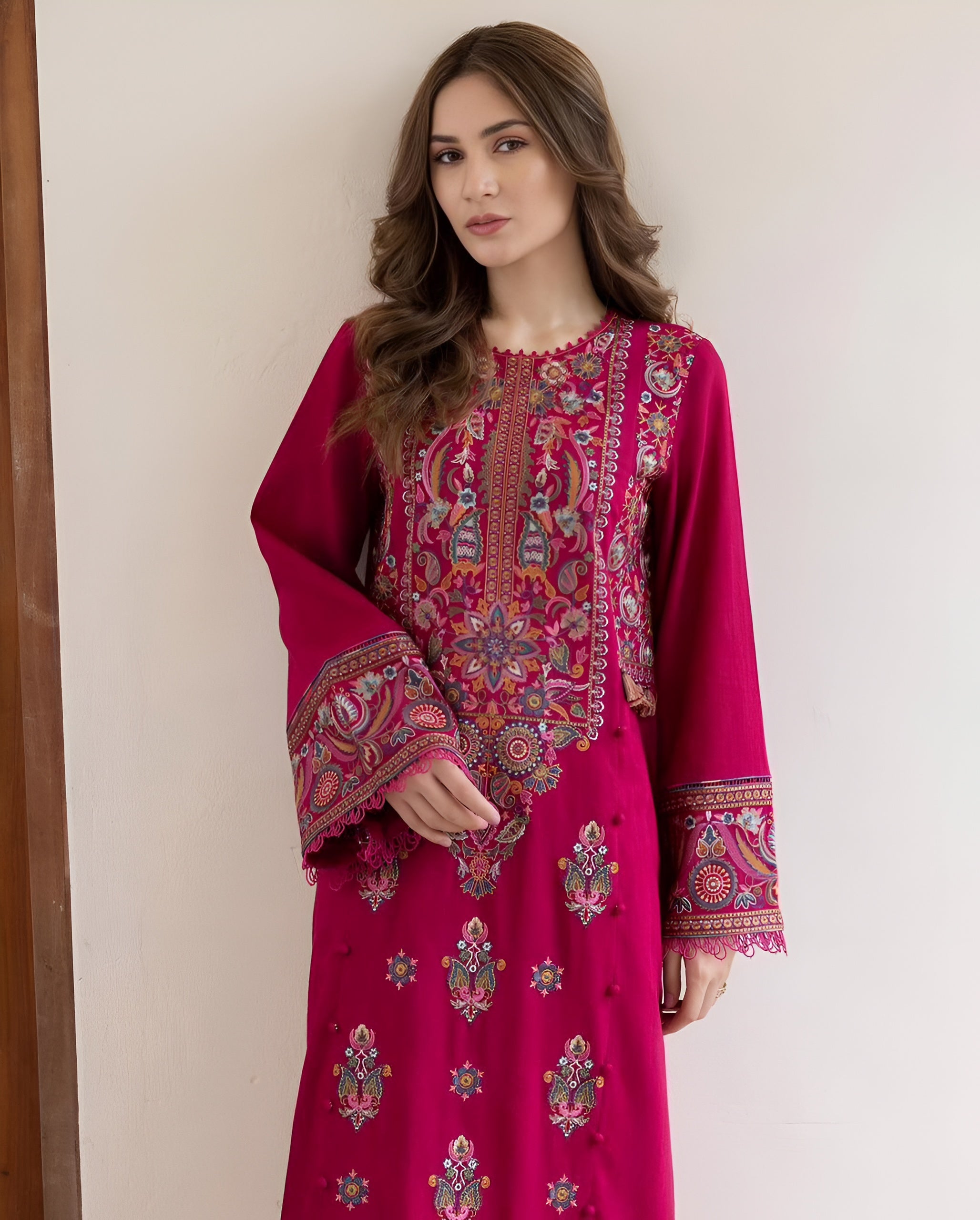 2 Piece - Dhanak Full Embroidered Suit with Heavy Embroidered Sleeves(Unstitched)