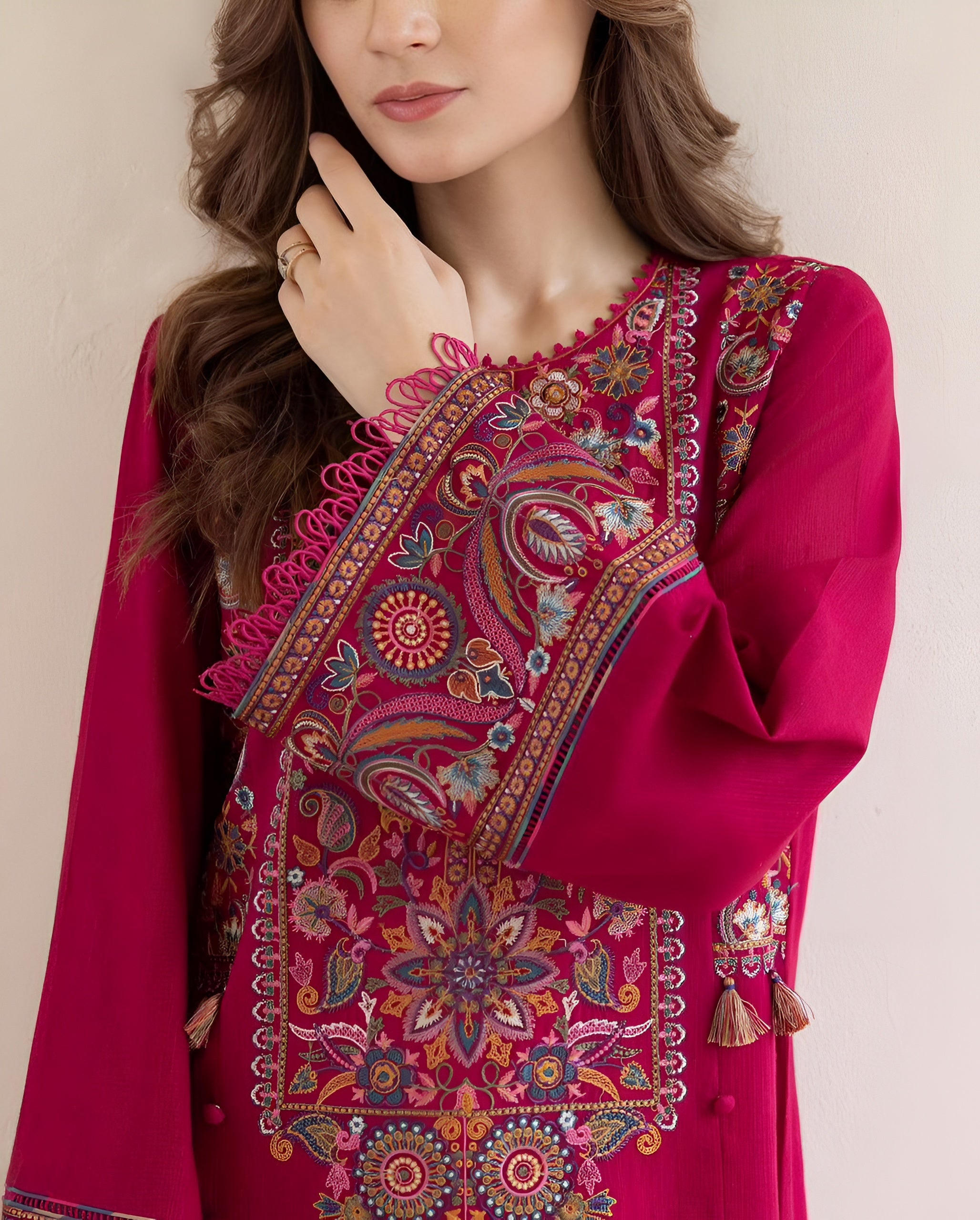 2 Piece - Dhanak Full Embroidered Suit with Heavy Embroidered Sleeves(Unstitched)