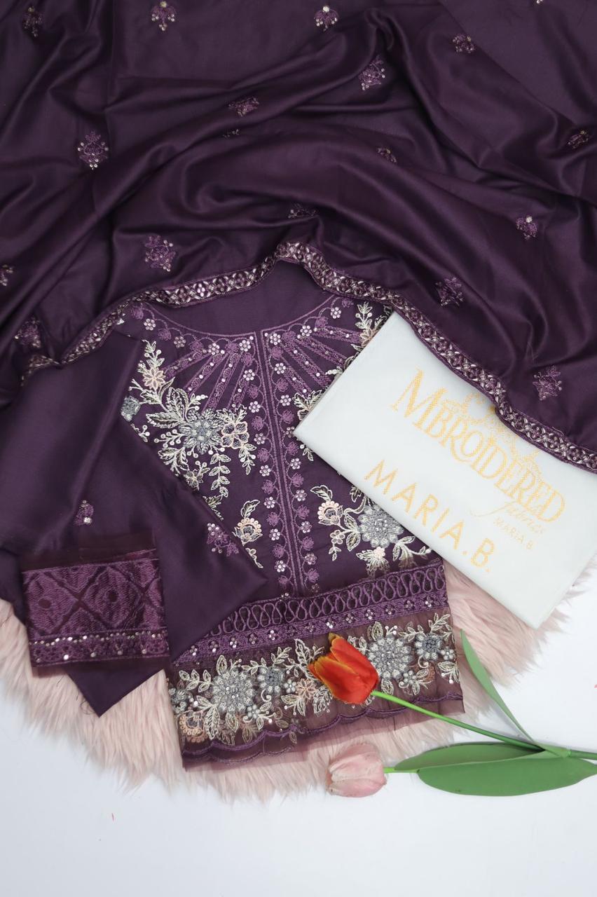 3 Piece - Maria B Dhanak Embroidered Suit with Dhanak Heavy Embroidered Shawl (Unstitched)