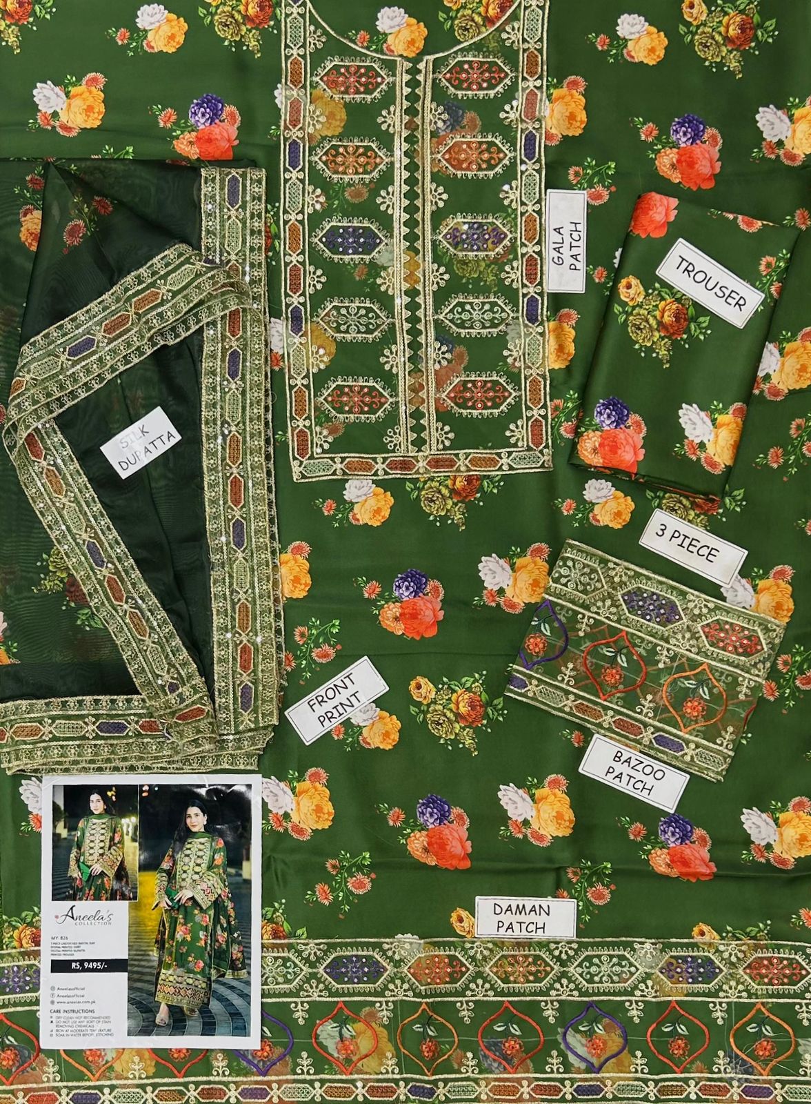 3 Piece - Silk Heavy Embroidered Suit with Silk Digital Print Embroidered Duppatta (Unstitched)