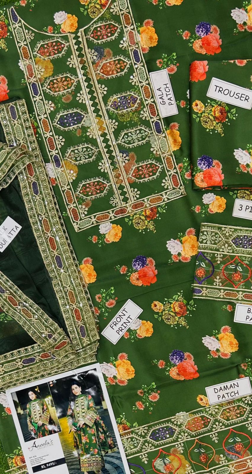 3 Piece - Silk Heavy Embroidered Suit with Silk Digital Print Embroidered Duppatta (Unstitched)
