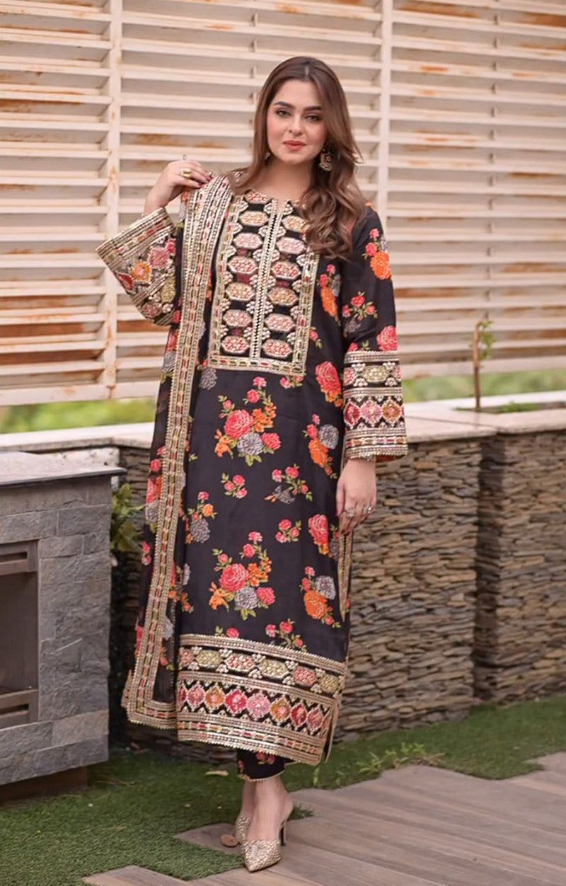 3 Piece - Silk Heavy Embroidered Suit with Silk Digital Print Embroidered Duppatta (Unstitched)