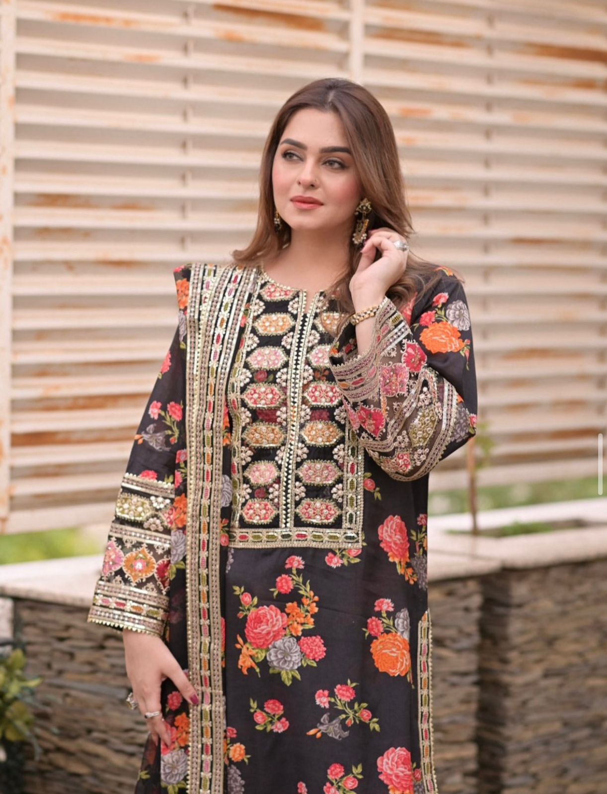 3 Piece - Silk Heavy Embroidered Suit with Silk Digital Print Embroidered Duppatta (Unstitched)