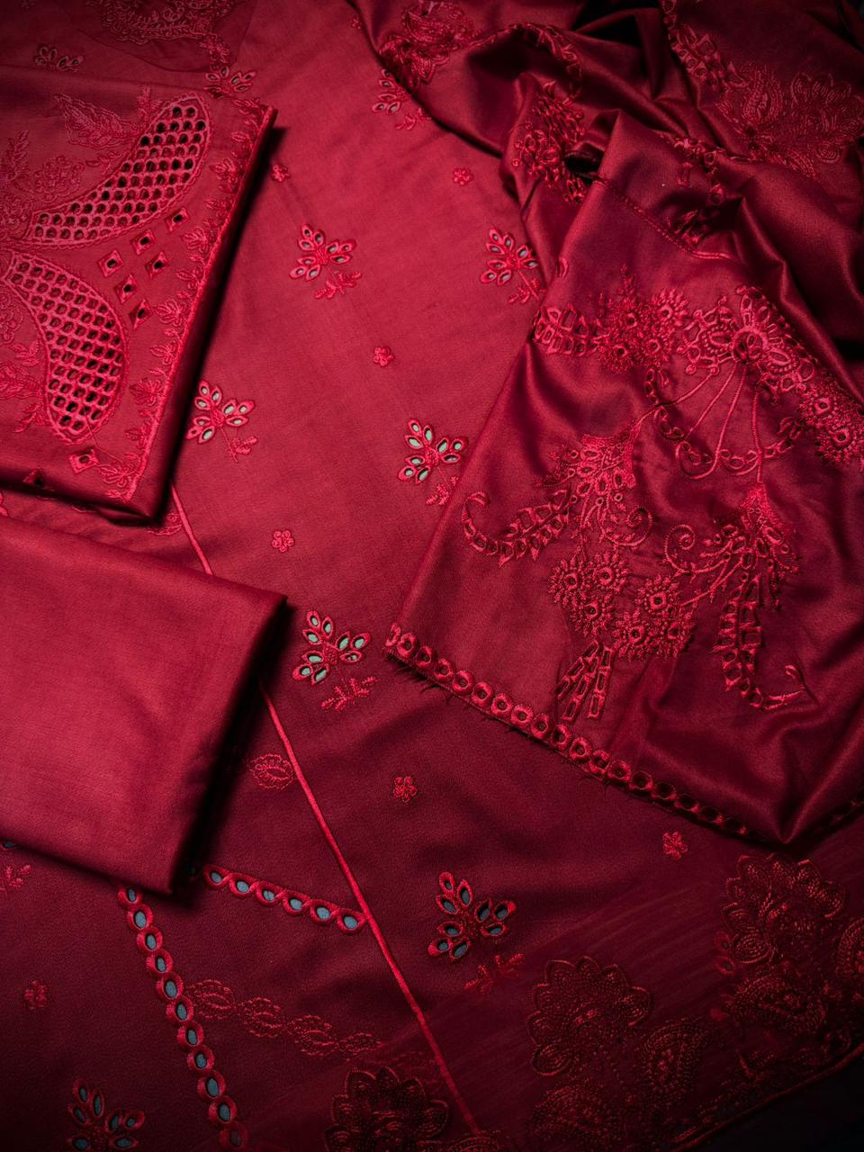 3 Piece - Dhanak Embroidered Suit with Dhanak Embroidered Shawl (Unstitched)