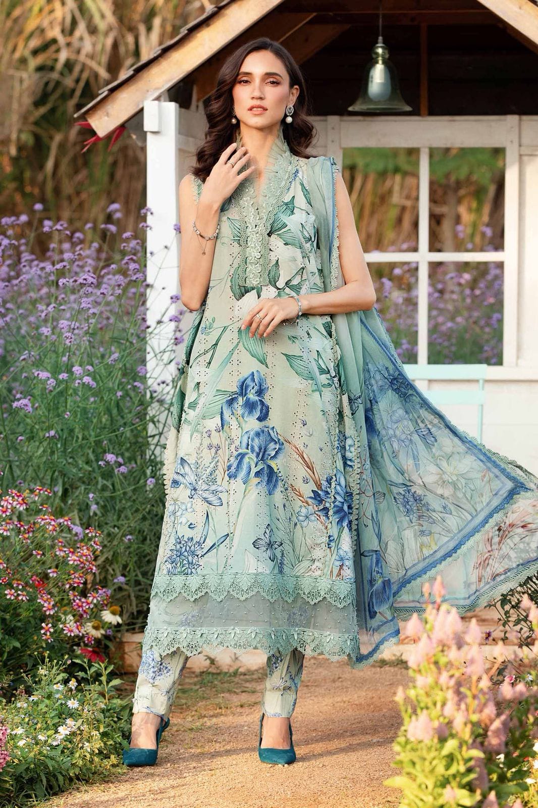 3 Piece - Maria B Linen Embroidered Suit with Digital Printed Linen Embroidered Duppatta (Unstitched)