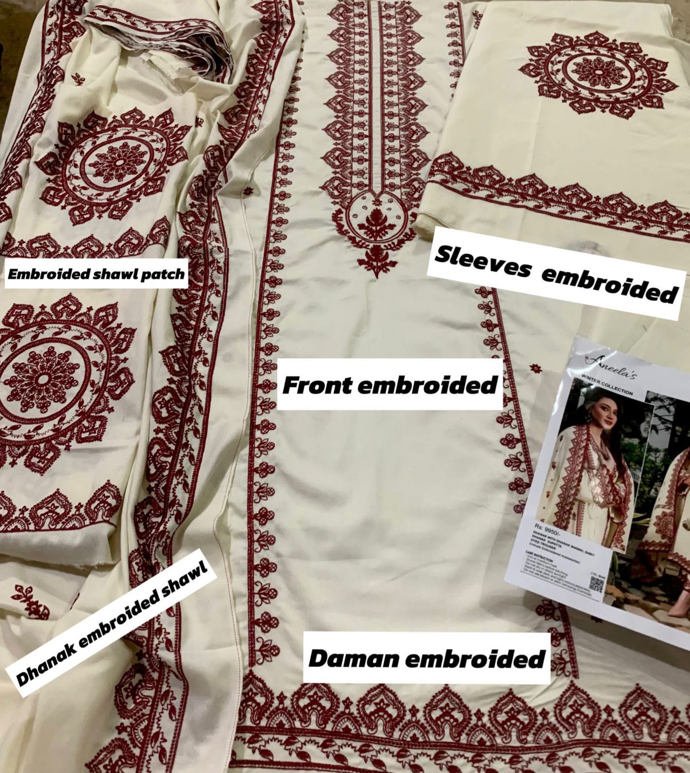 3 Piece - Dhanak Embroidered Suit with Dhanak Heavy Embroidered Shawl (Unstitched)