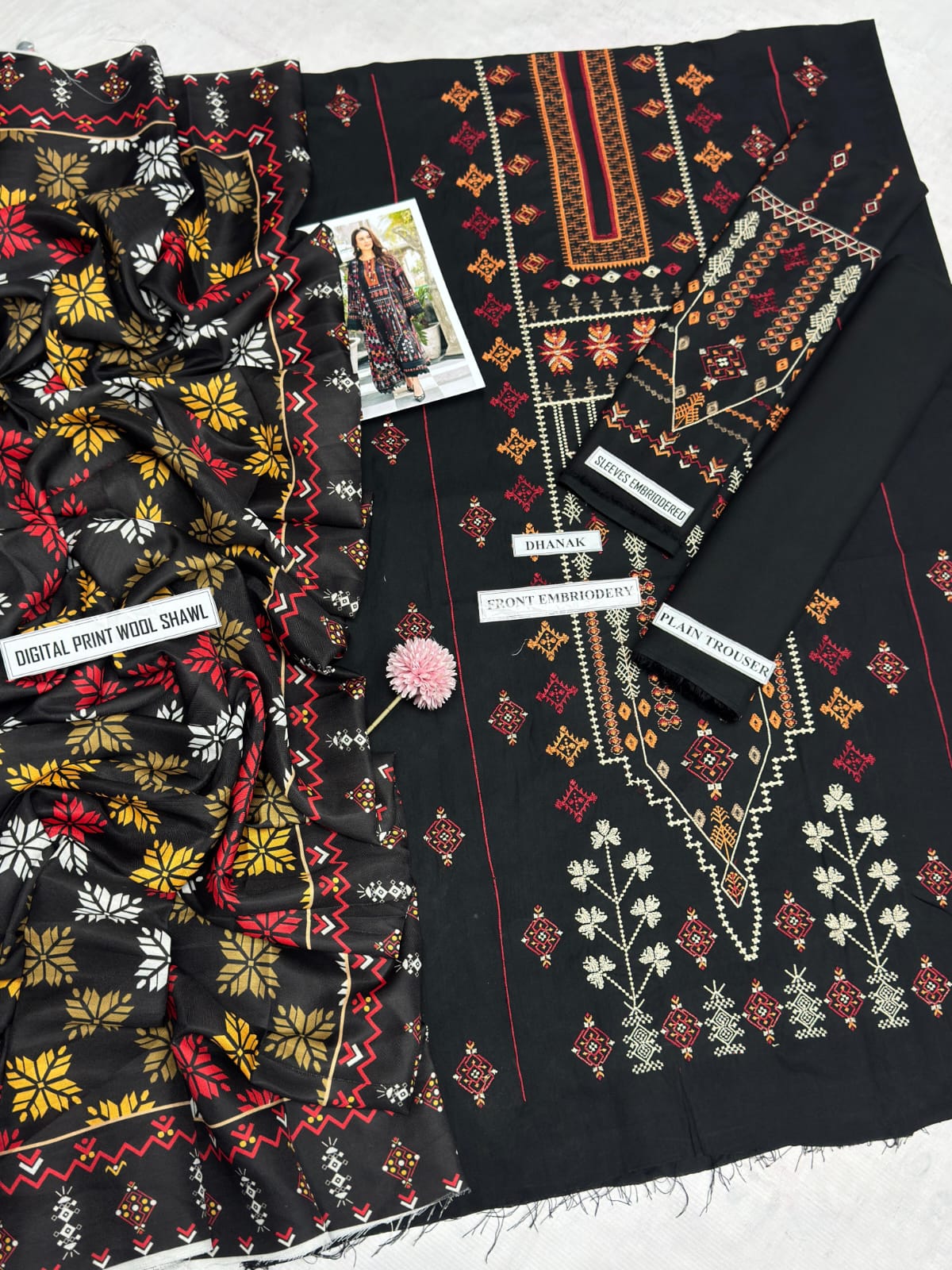 3 Piece - Jazmin Dhanak Embroidered Suit with Digital Print Wool Shawl (Unstitched)