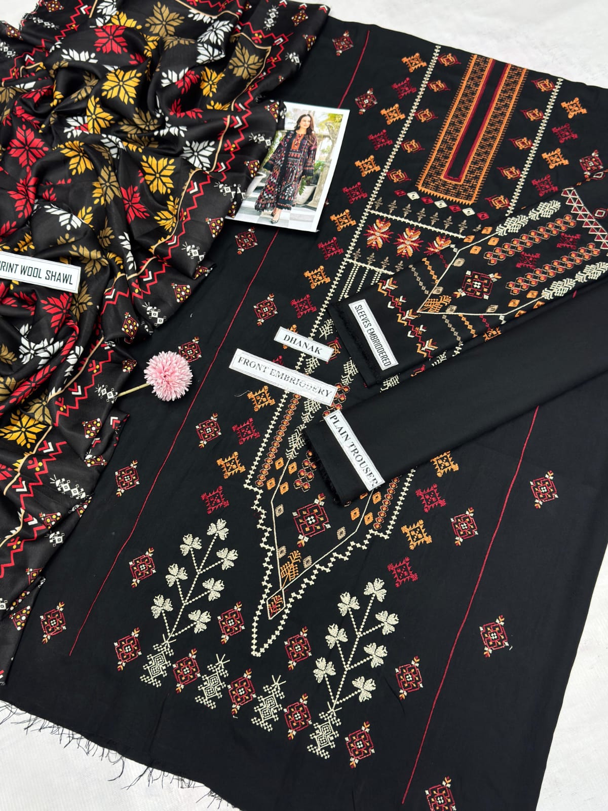 3 Piece - Jazmin Dhanak Embroidered Suit with Digital Print Wool Shawl (Unstitched)