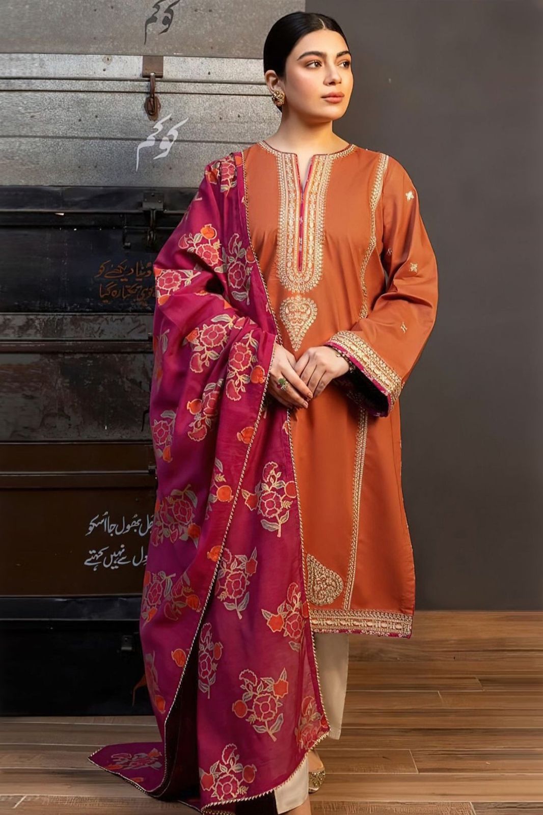 3 Piece - Dhanak Heavy Embroidered Suit with Digital Printed Pashmina Shawl (Unstitched)