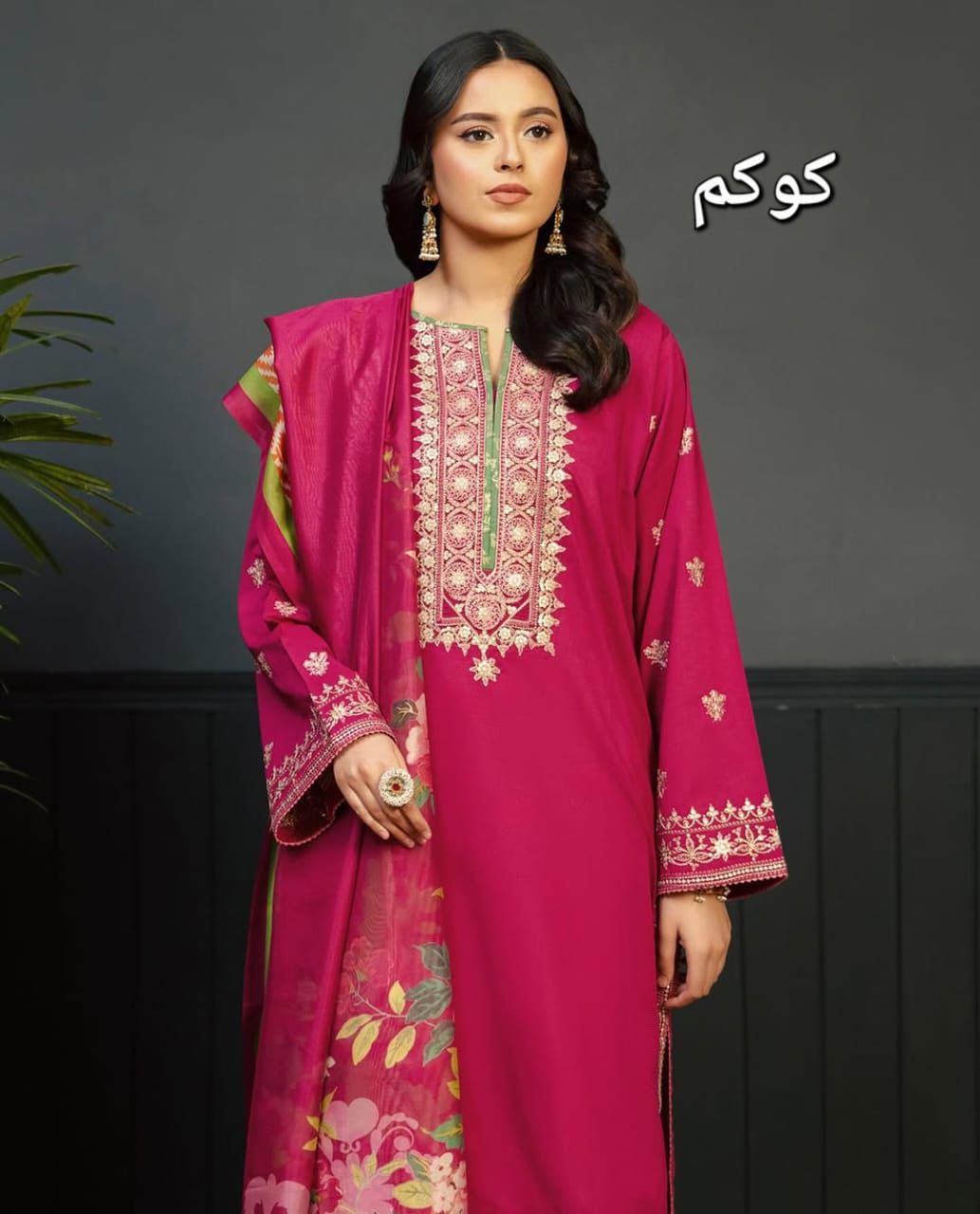 3 Piece - Dhanak Heavy Embroidered Suit with Digital Printed Pashmina Shawl (Unstitched)