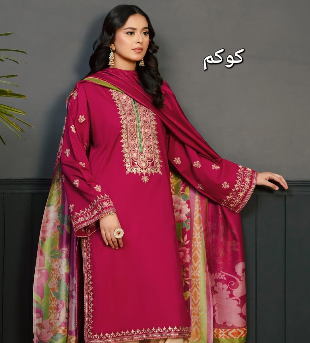 3 Piece - Dhanak Heavy Embroidered Suit with Digital Printed Pashmina Shawl (Unstitched)