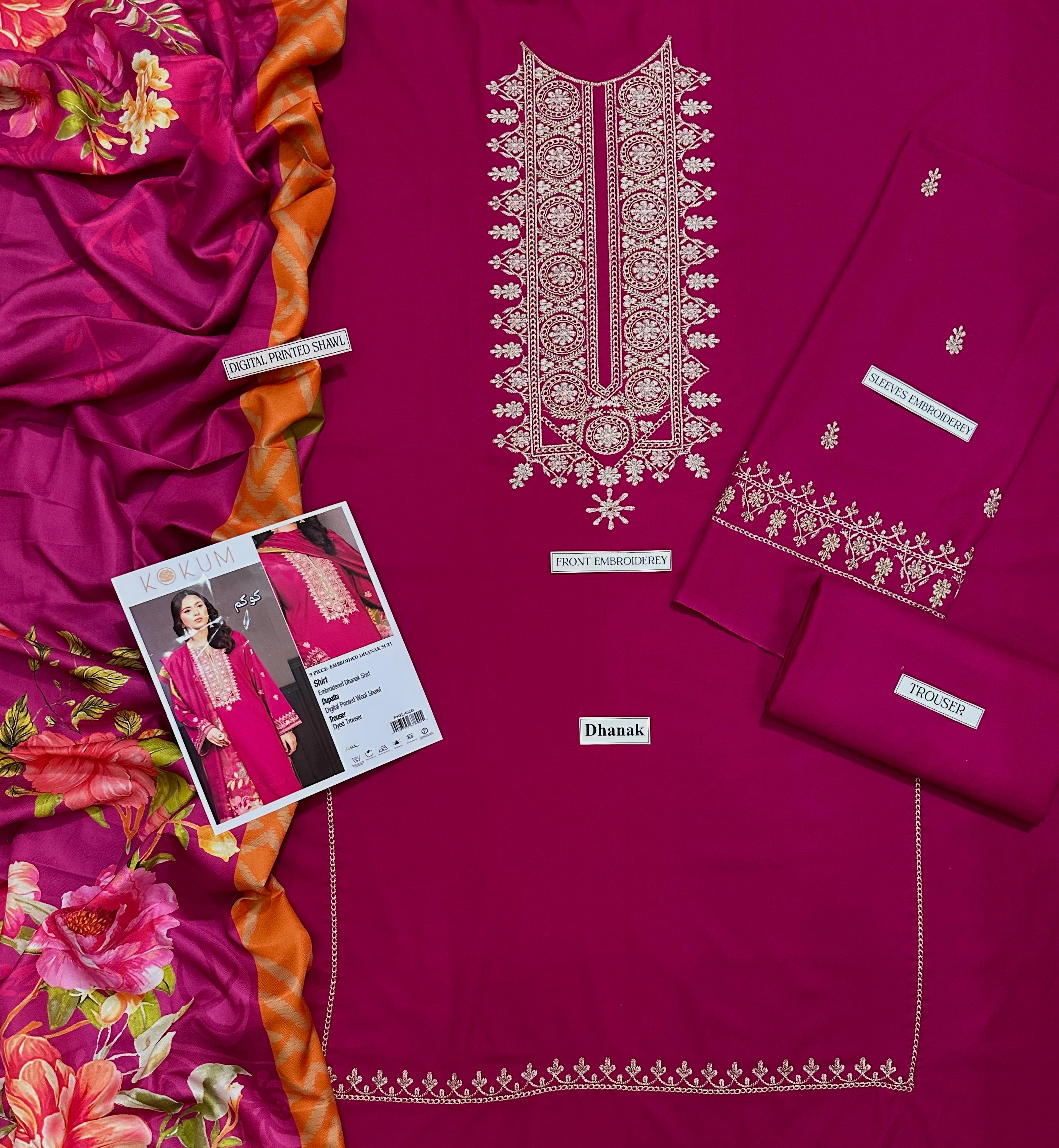 3 Piece - Dhanak Heavy Embroidered Suit with Digital Printed Pashmina Shawl (Unstitched)