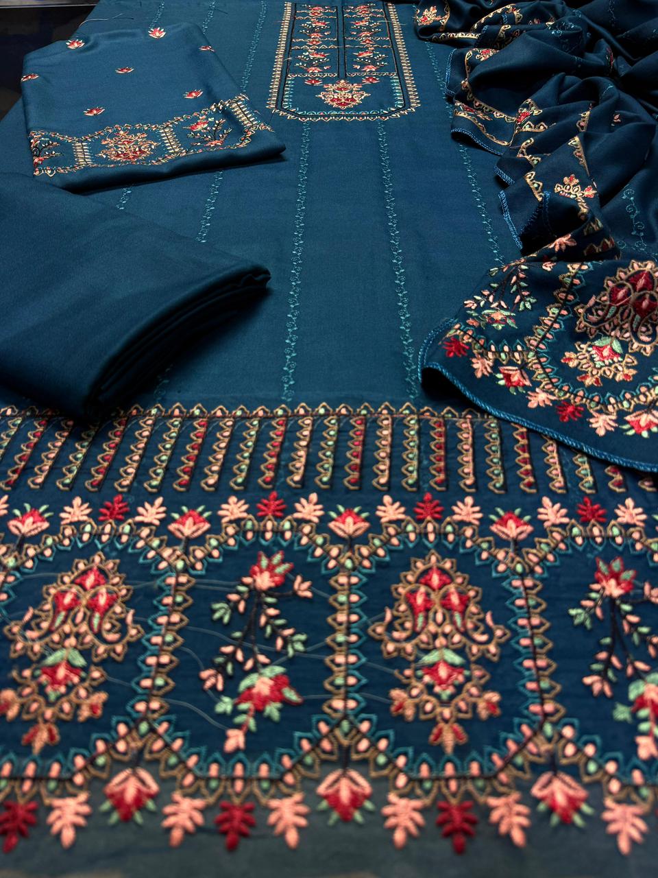 3 Piece - Dhanak Embroidered Suit with Dhanak  Embroidered Shawl (Unstitched)