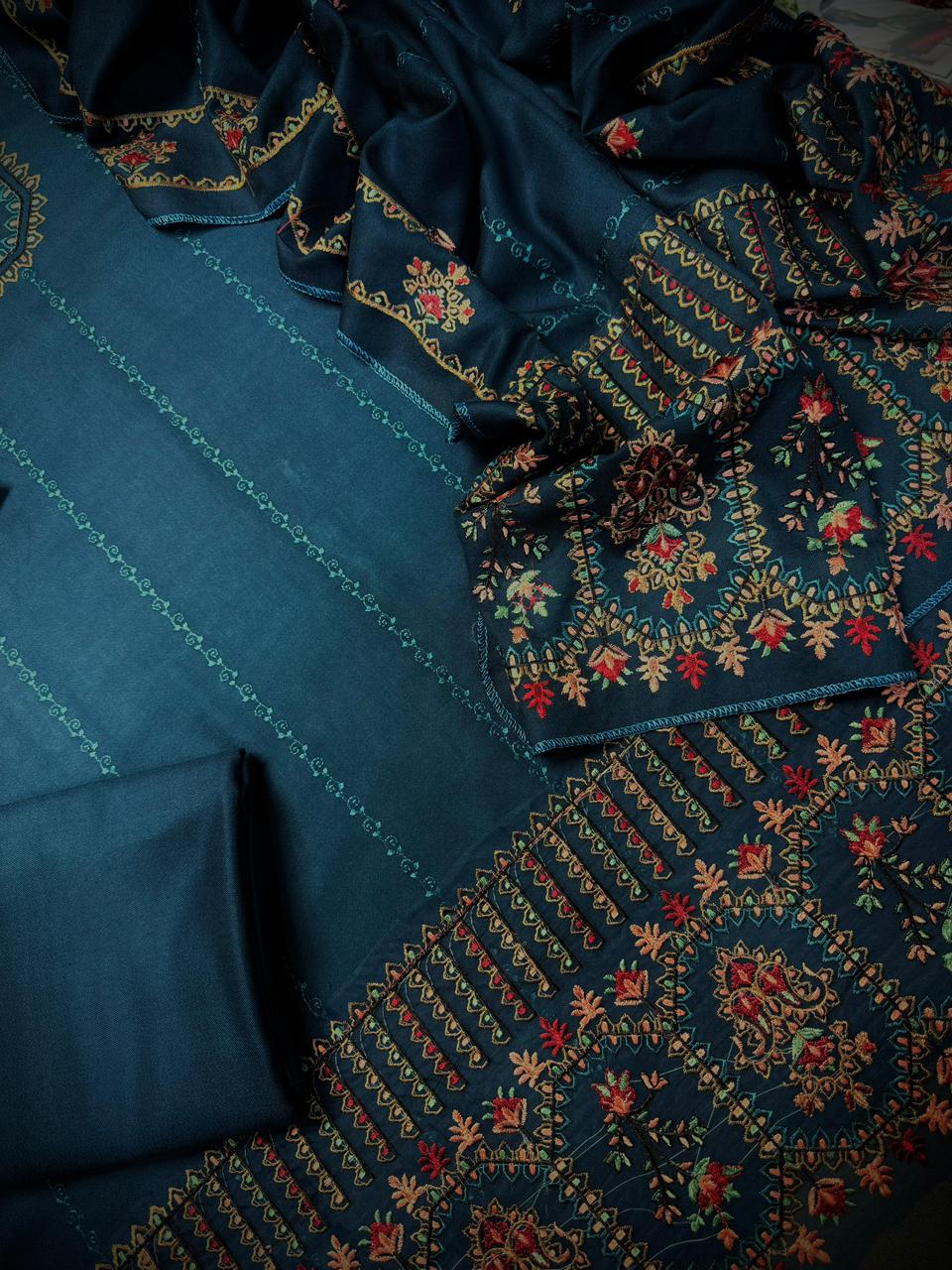 3 Piece - Dhanak Embroidered Suit with Dhanak  Embroidered Shawl (Unstitched)