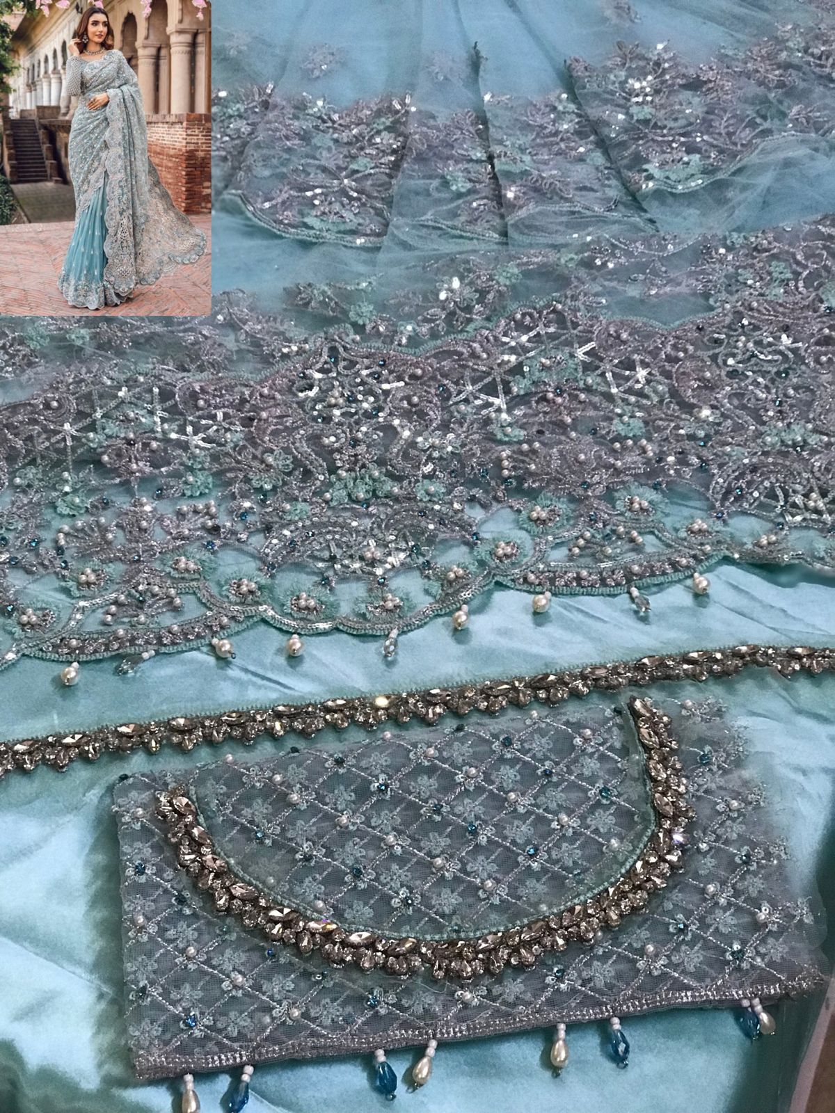 Saree - Maria B Net Full Heavy Embroidered Saree with Heavy Embroidered Sleeves and Palo (Unstitched)