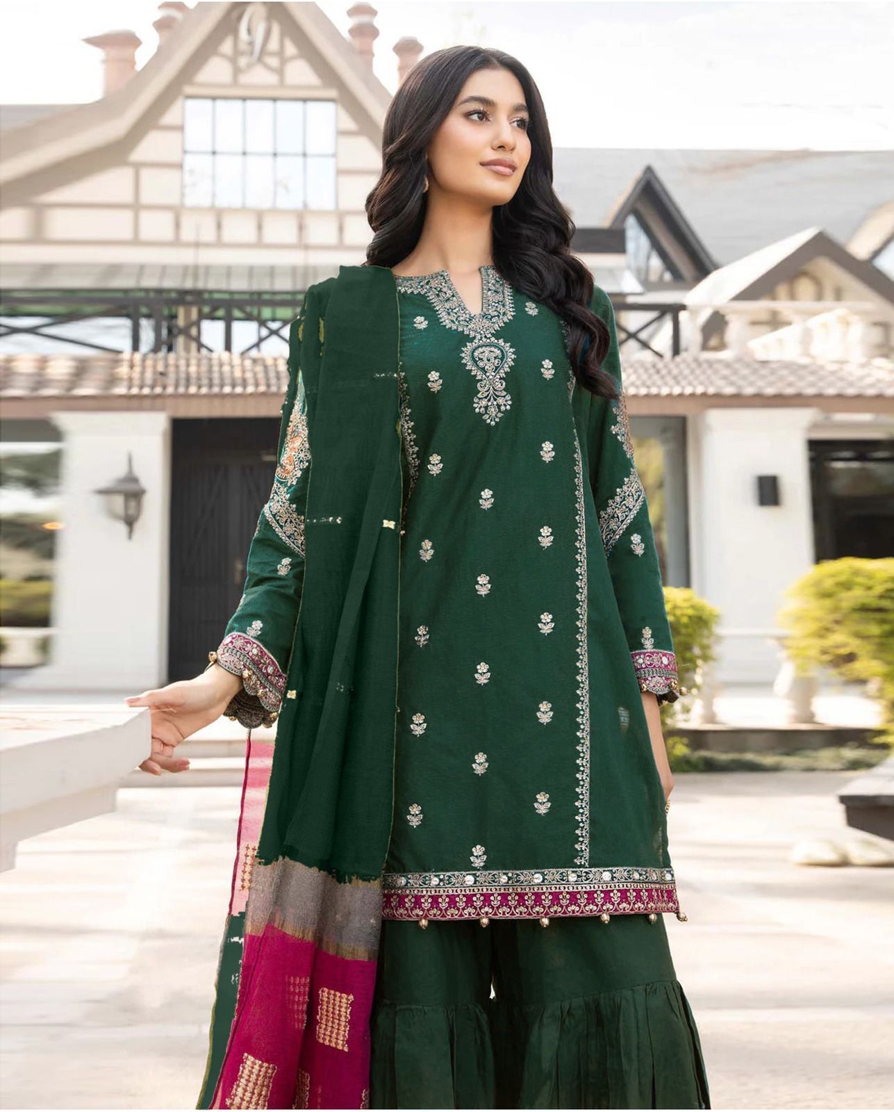 3 Piece - Maria B Dhanak Full Heavy Embroidered Suit with Digital Printed Wool Shawl (Unstitched)