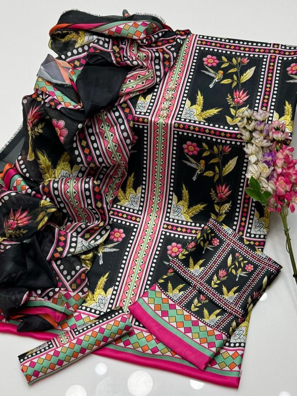 3 Piece - Shamooz Silk Suit with Digital Printed Silk Dupatta (Unstitched)