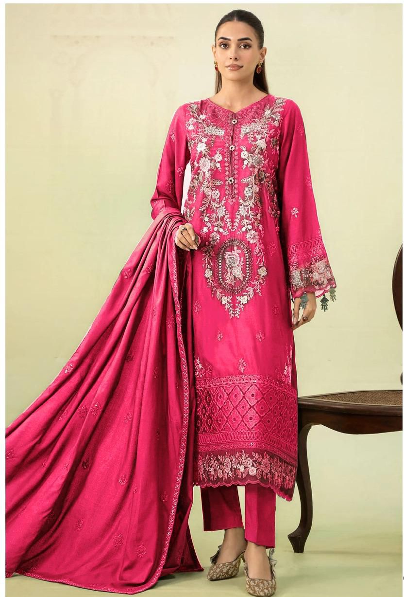 3 Piece - Maria B Dhanak Full Heavy Embroidered Suit with Dhanak Heavy Embroidered Shawl (Unstitched)