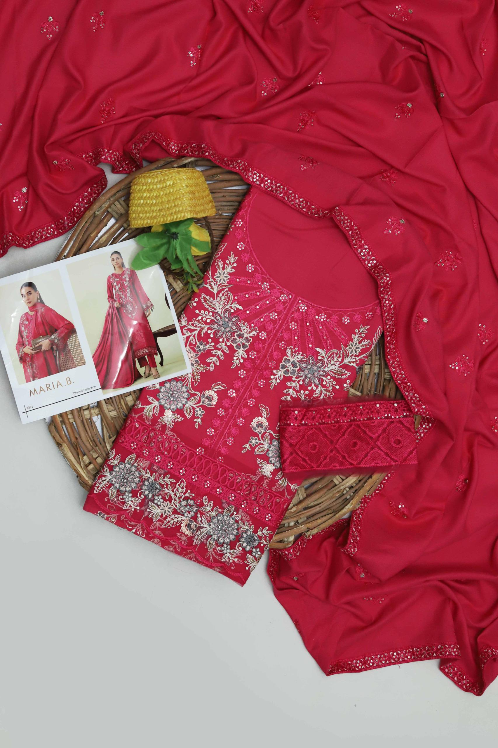 3 Piece - Maria B Dhanak Full Heavy Embroidered Suit with Dhanak Heavy Embroidered Shawl (Unstitched)