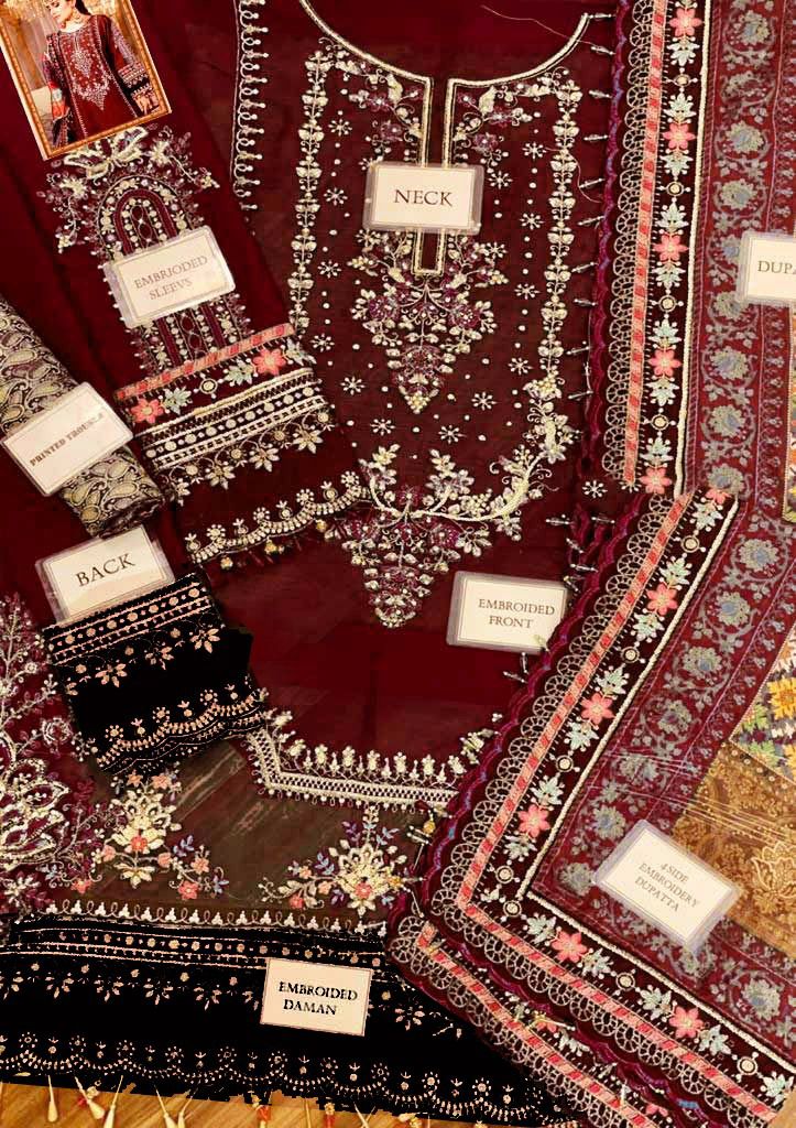 3 Piece - Maria B Chiffon Full Heavy Embroidered Suit with Digital Printed Silk Dupatta with Embroidered (Unstitched)