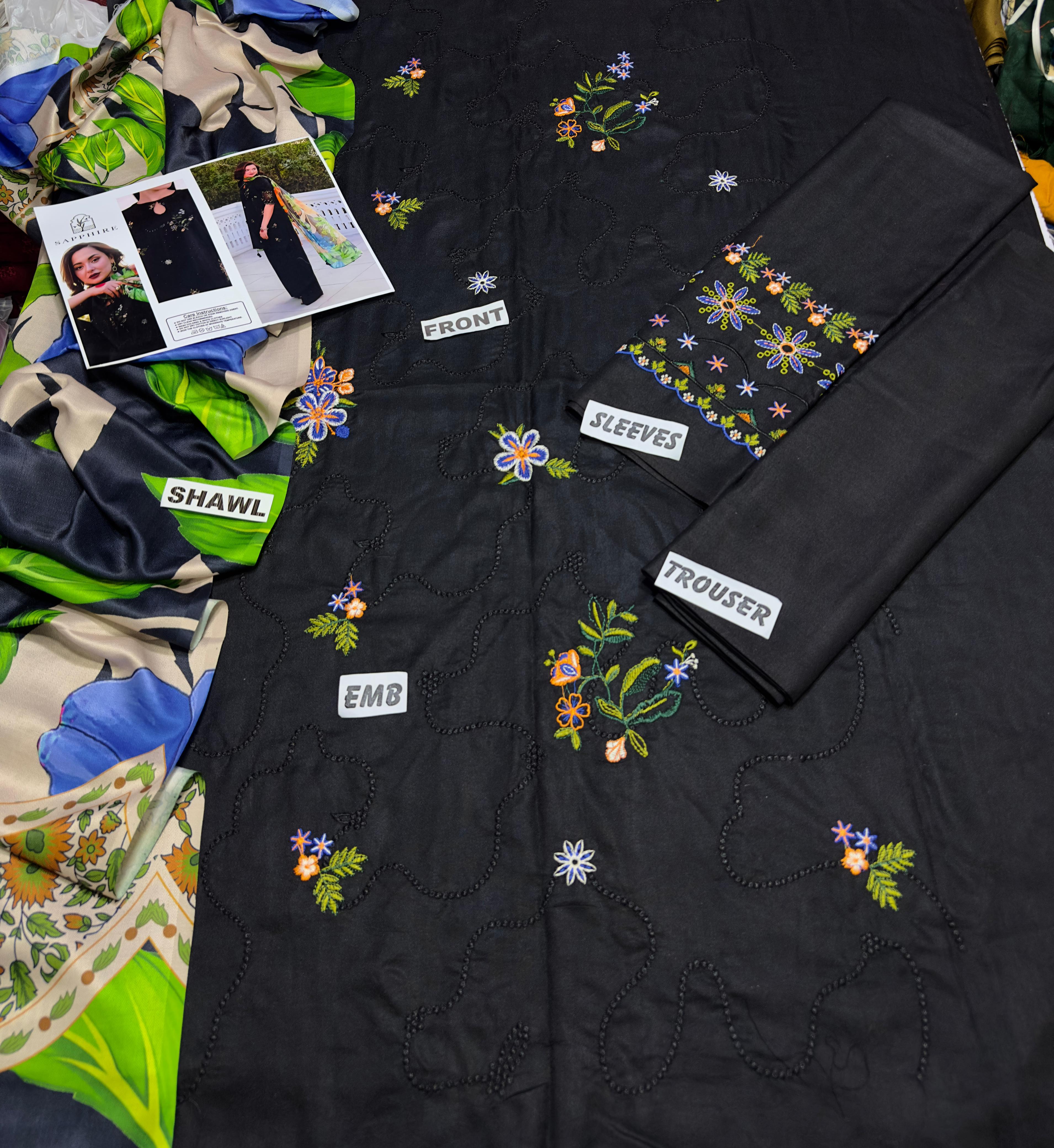 3 Piece - Dhanak Embroidered Suit with Digital Printed Pashmina Shawl (Unstitched)